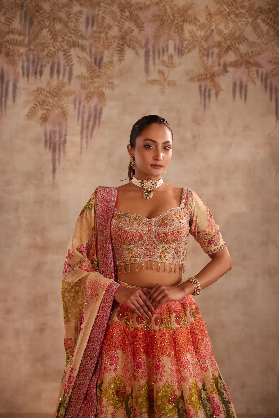 Multicolor Printed Lehenga with Floral Embroidery and Dupatta - Image 2