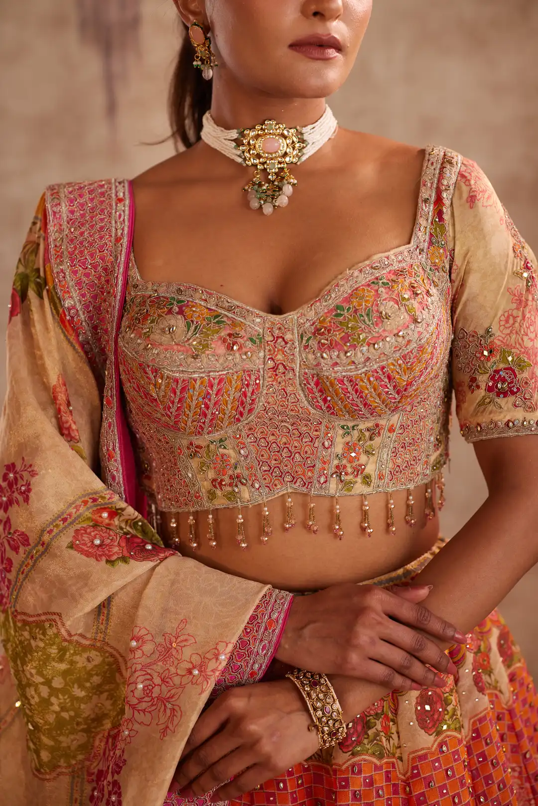 Multicolor Printed Lehenga with Floral Embroidery and Dupatta - Image 3