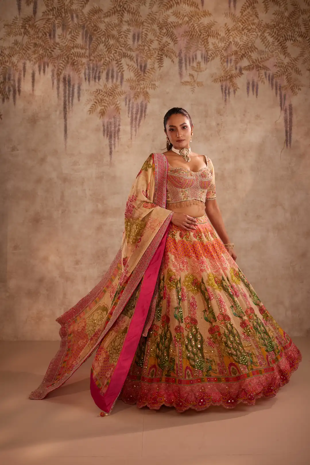 Multicolor Printed Lehenga with Floral Embroidery and Dupatta - Image 4
