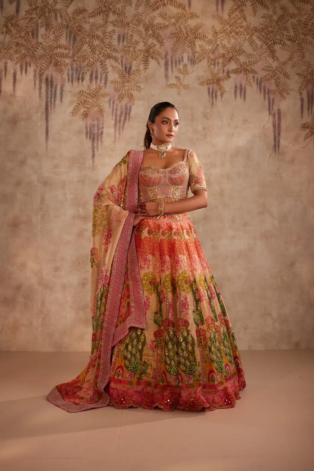 Multicolor Printed Lehenga with Floral Embroidery and Dupatta - Image 6