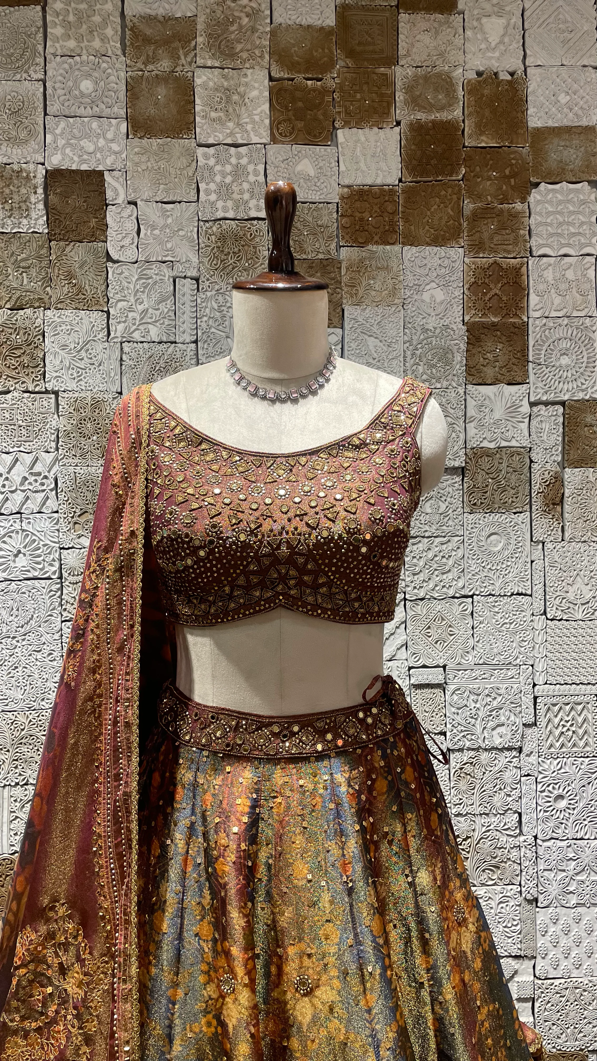 Multicolour tissue lehenga with mirrorwork - Image 4