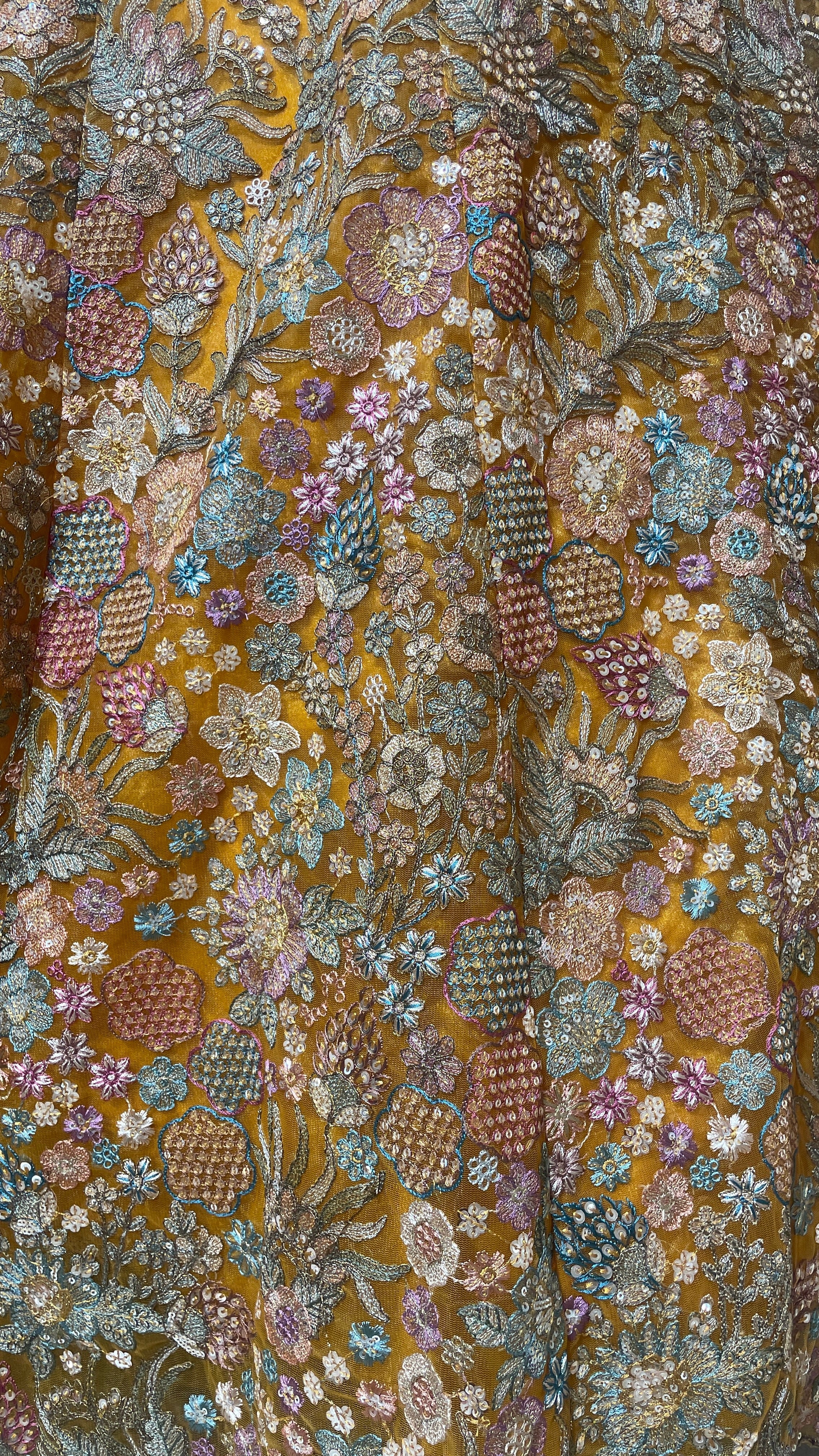 Mustard organza lehenga with floral motifs - Image 2