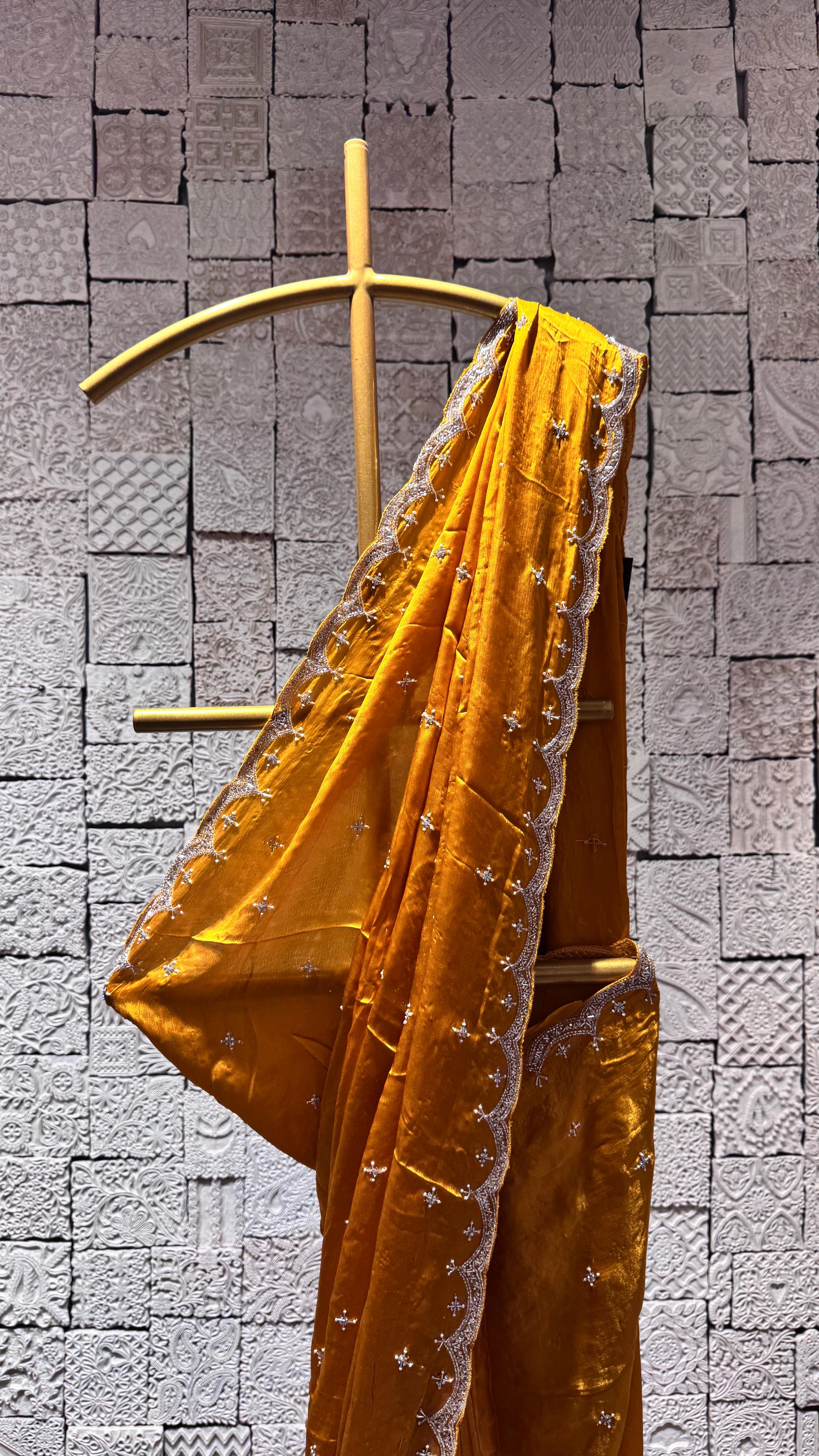 Mustard Yellow Saree with Embellished Border and Designer Blouse - Image 2