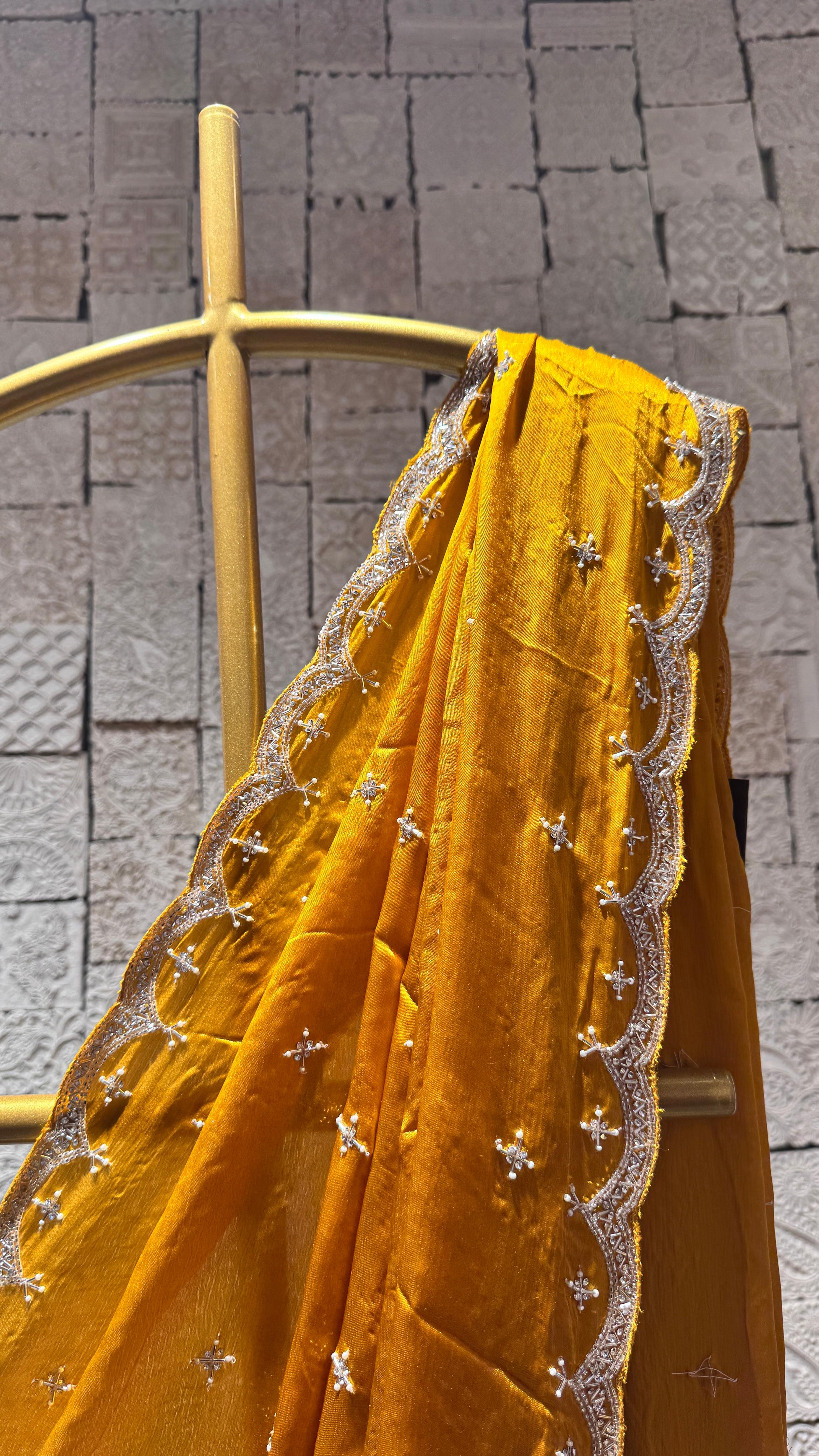Mustard Yellow Saree with Embellished Border and Designer Blouse - Image 3