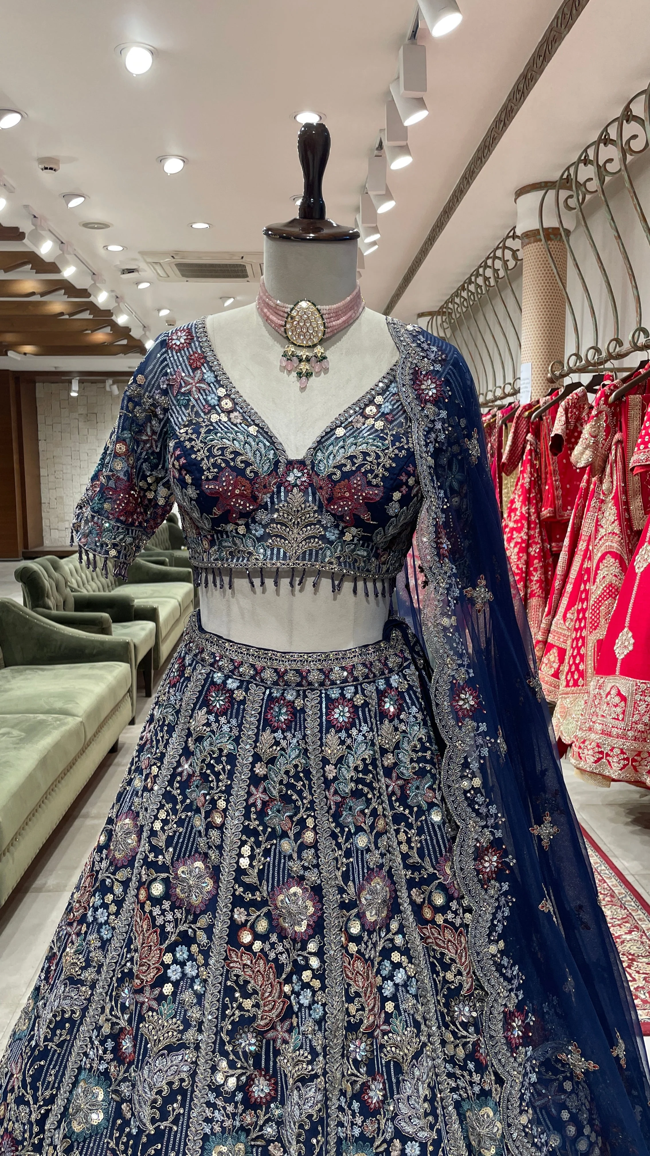 Navy blue colour lehenga with multicolour thread and sequins work - Image 2