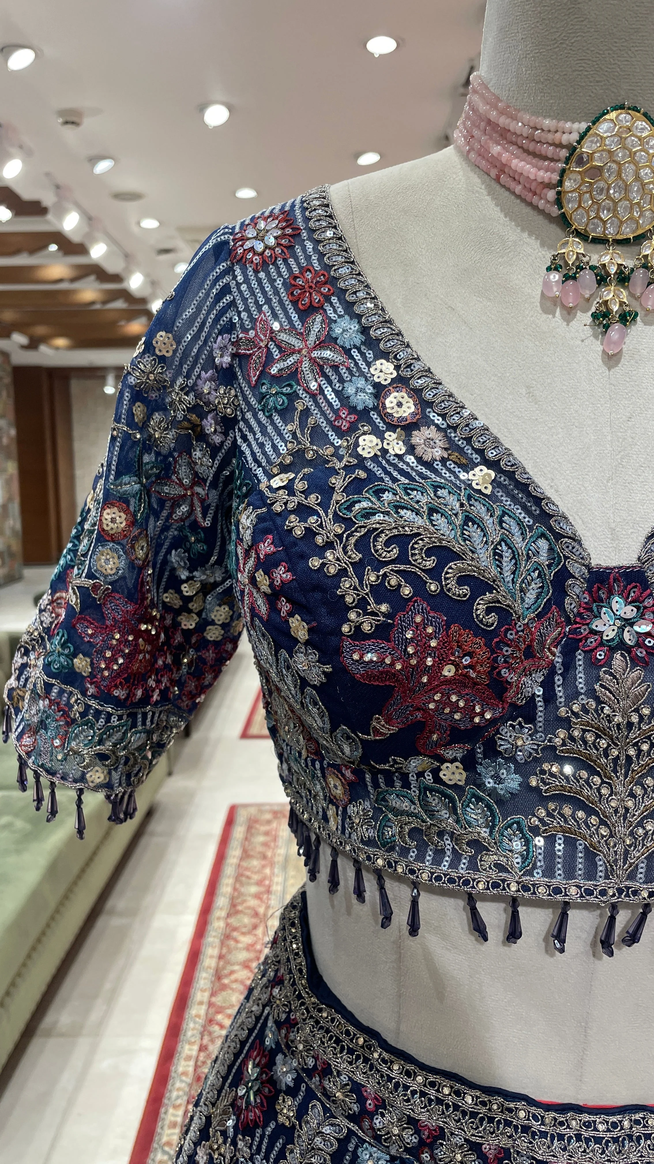 Navy blue colour lehenga with multicolour thread and sequins work - Image 3