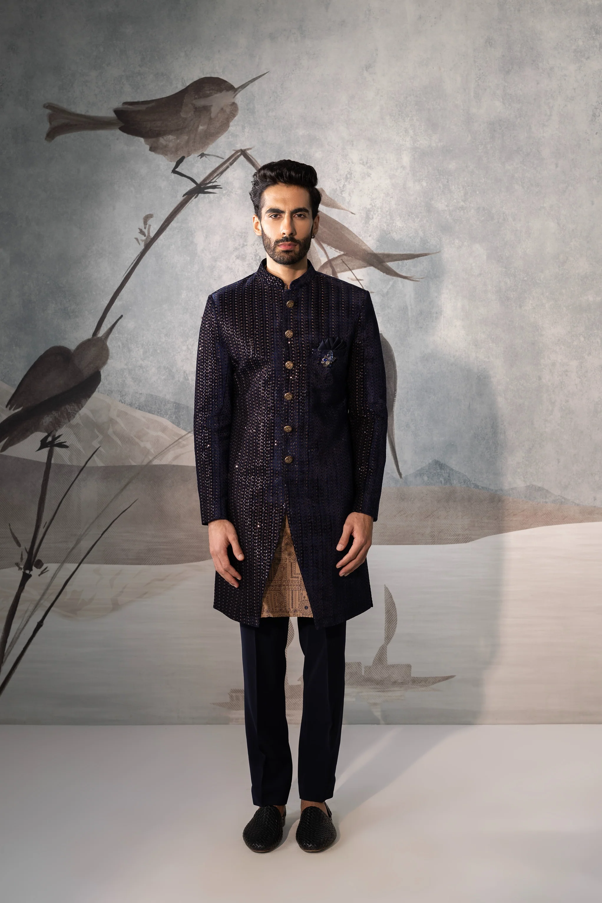 Navy Blue Groom Indo-Western Sherwani - Image 2