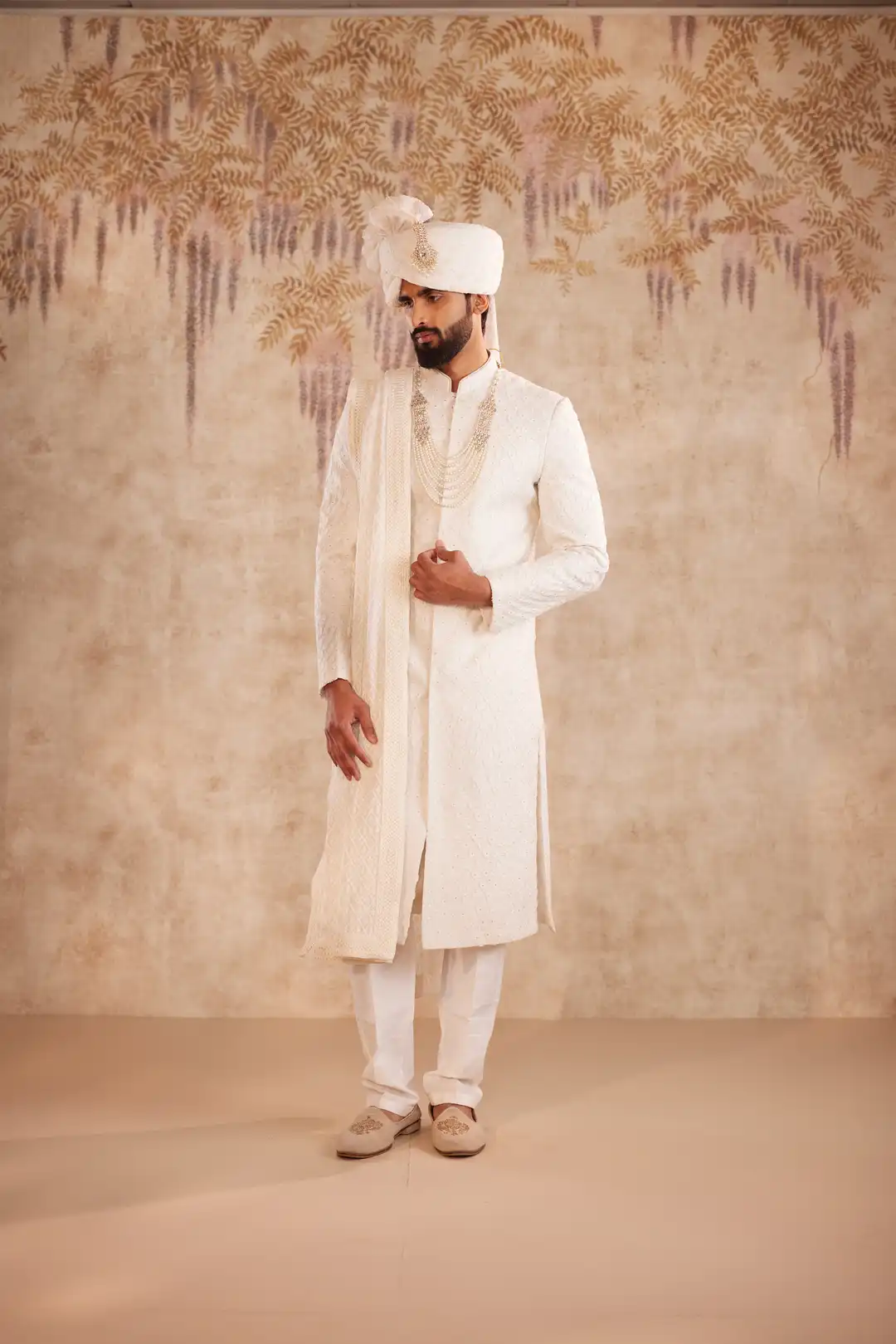 Off White Geometric Sherwani for Groom | Contemporary Designer Wedding Sherwani - Image 2