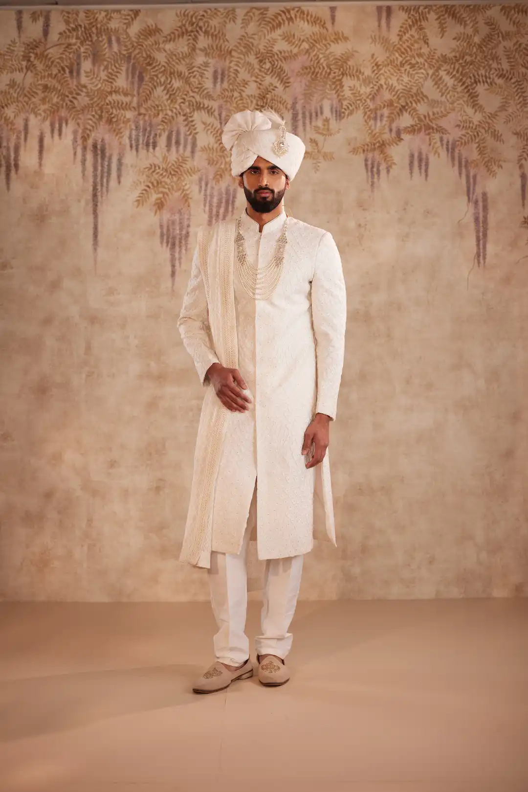 Off White Geometric Sherwani for Groom | Contemporary Designer Wedding Sherwani - Image 3