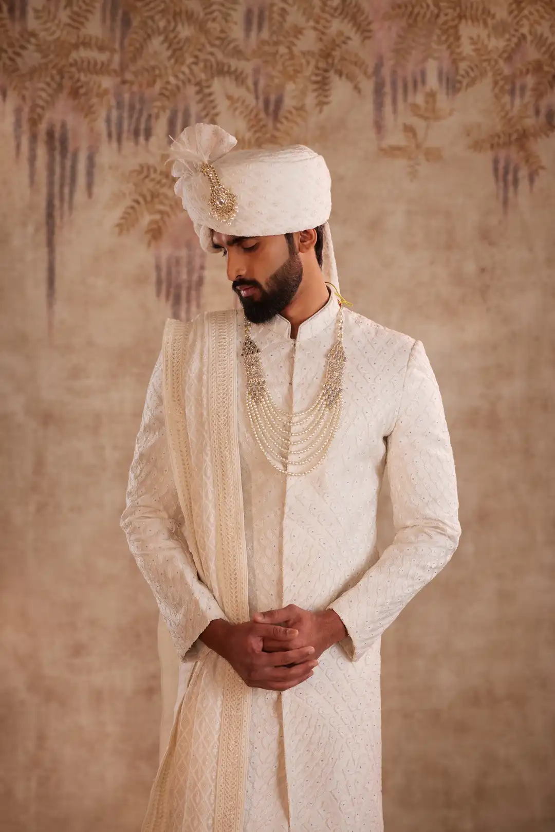 Off White Geometric Sherwani for Groom | Contemporary Designer Wedding Sherwani - Image 5