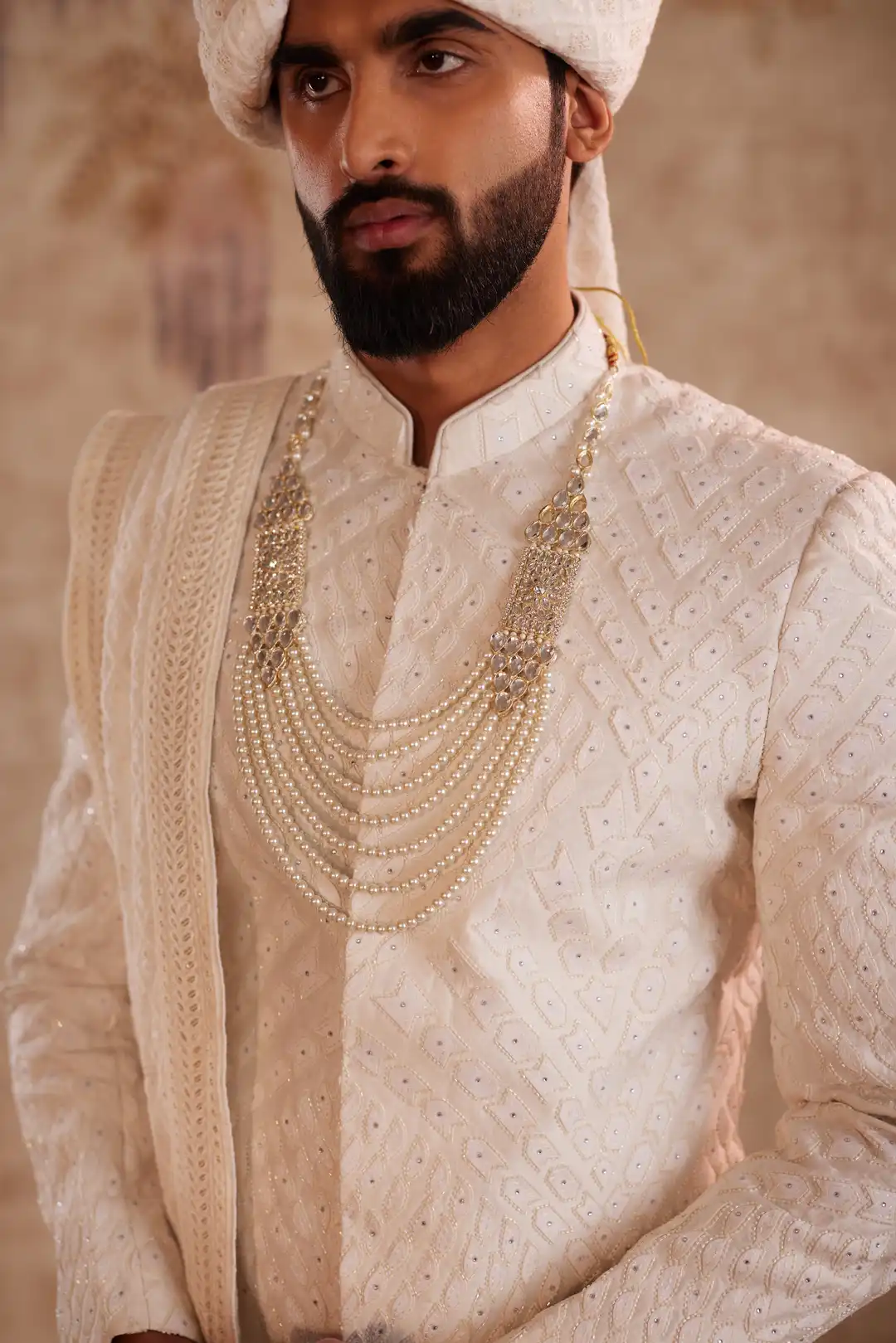 Off White Geometric Sherwani for Groom | Contemporary Designer Wedding Sherwani - Image 7