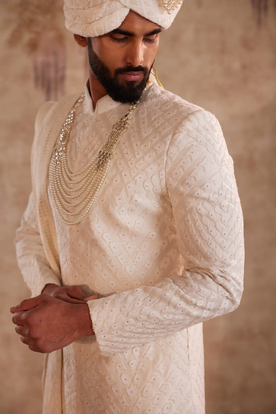 Off White Geometric Sherwani for Groom | Contemporary Designer Wedding Sherwani - Image 9