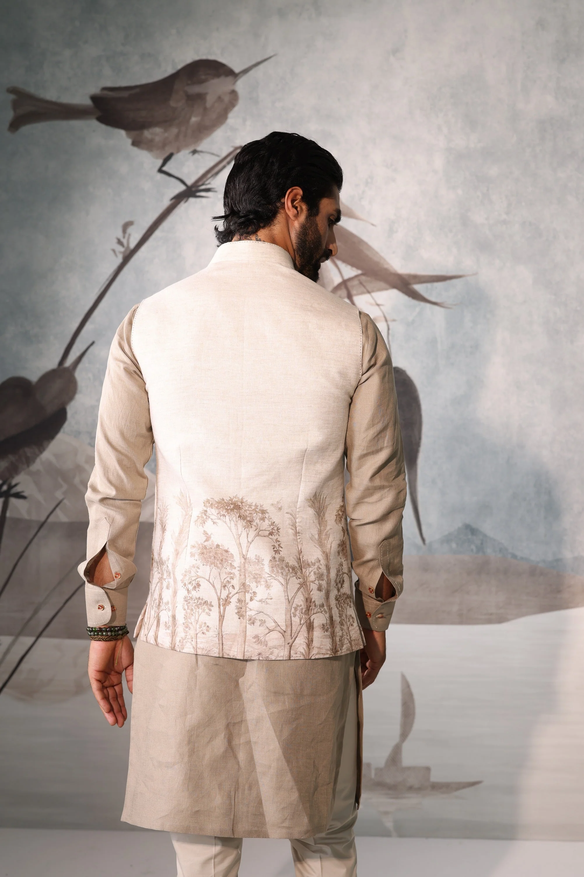 military-inspired green sadri set with leather piping, kurta & pyjama - Image 4