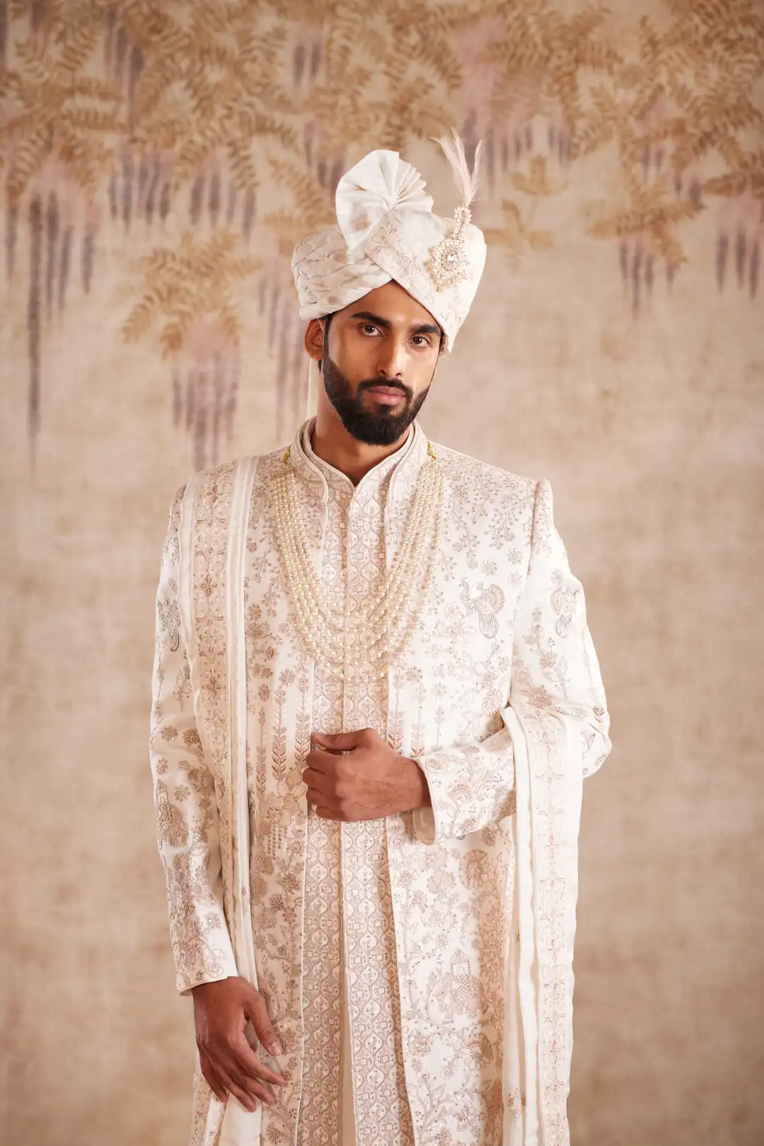 Off white silk Sherwani with pastel floral embroidery - Image 2
