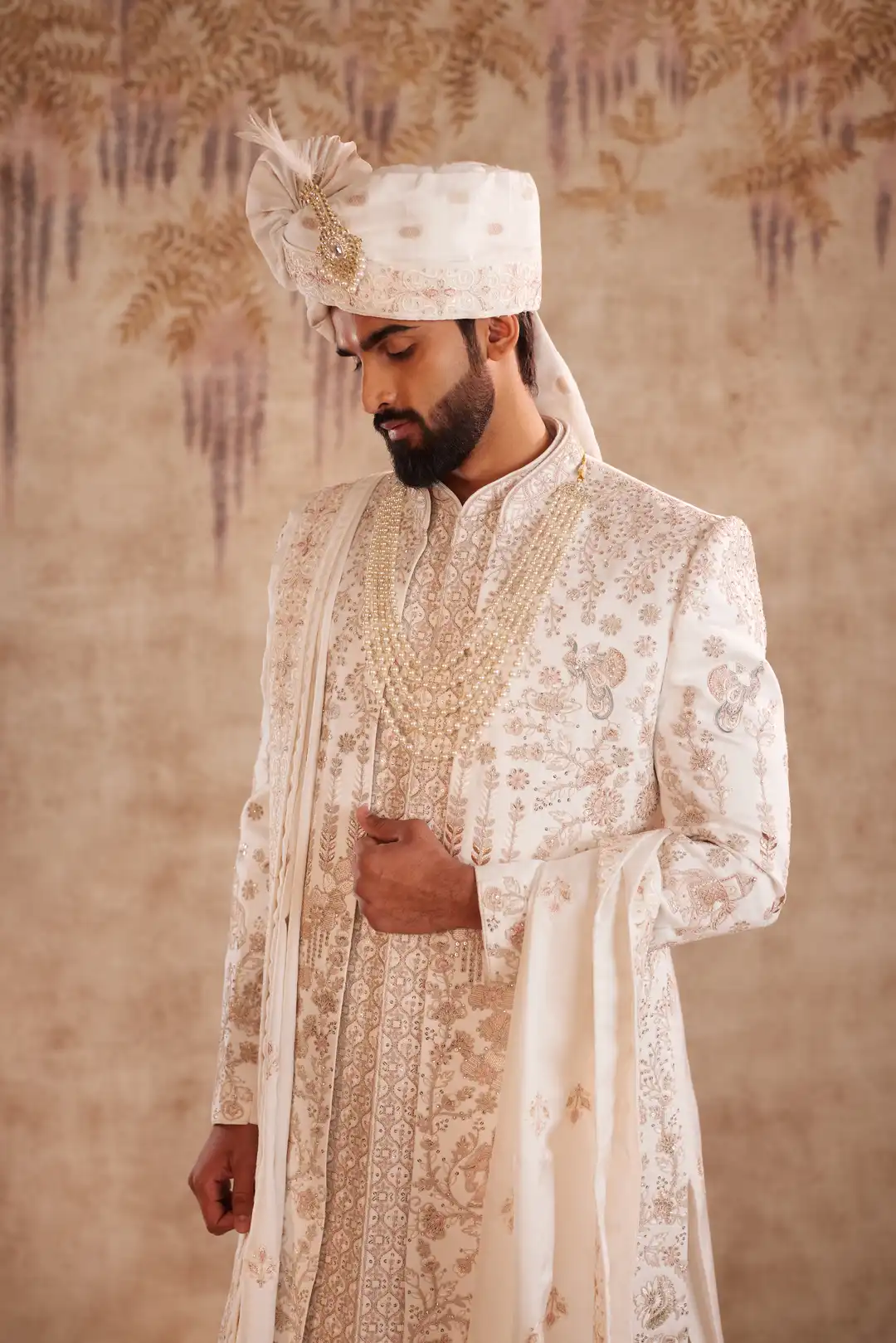 Off white silk Sherwani with pastel floral embroidery - Image 3
