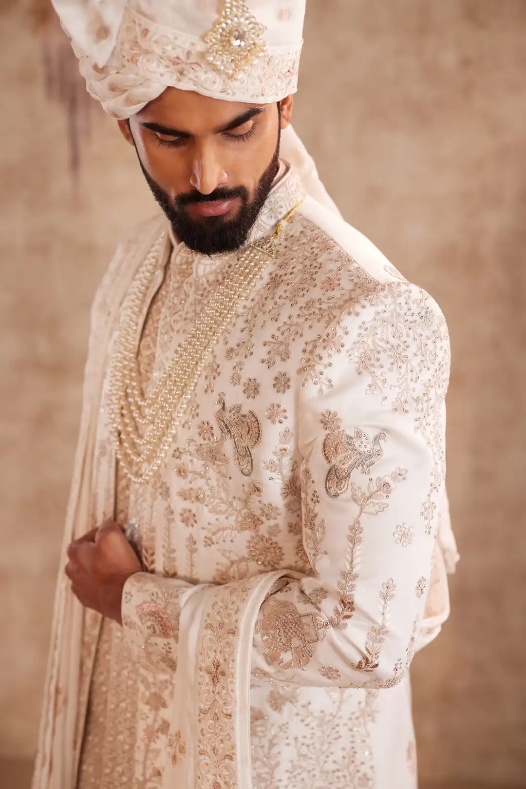 Off white silk Sherwani with pastel floral embroidery - Image 4
