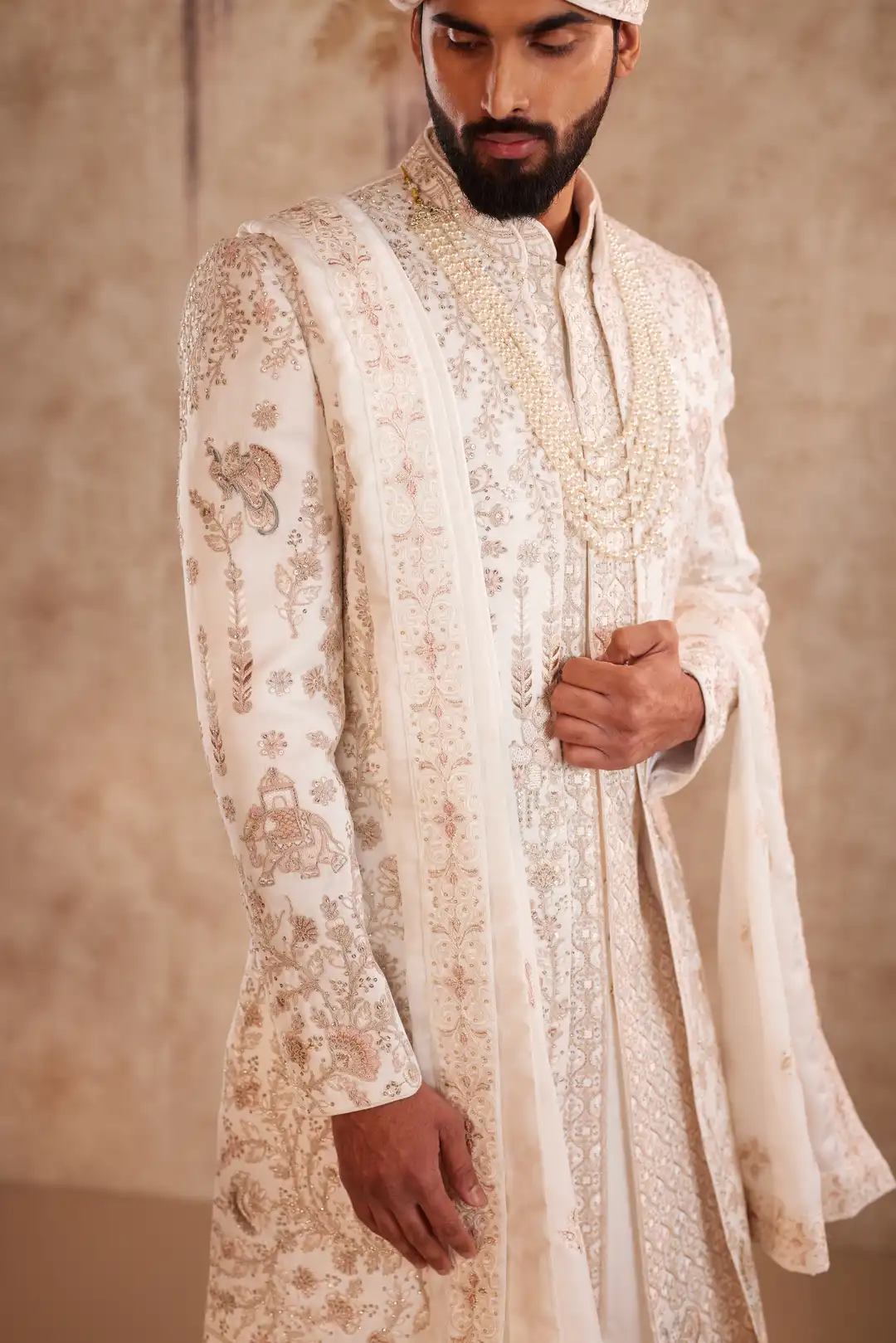 Off white silk Sherwani with pastel floral embroidery - Image 5
