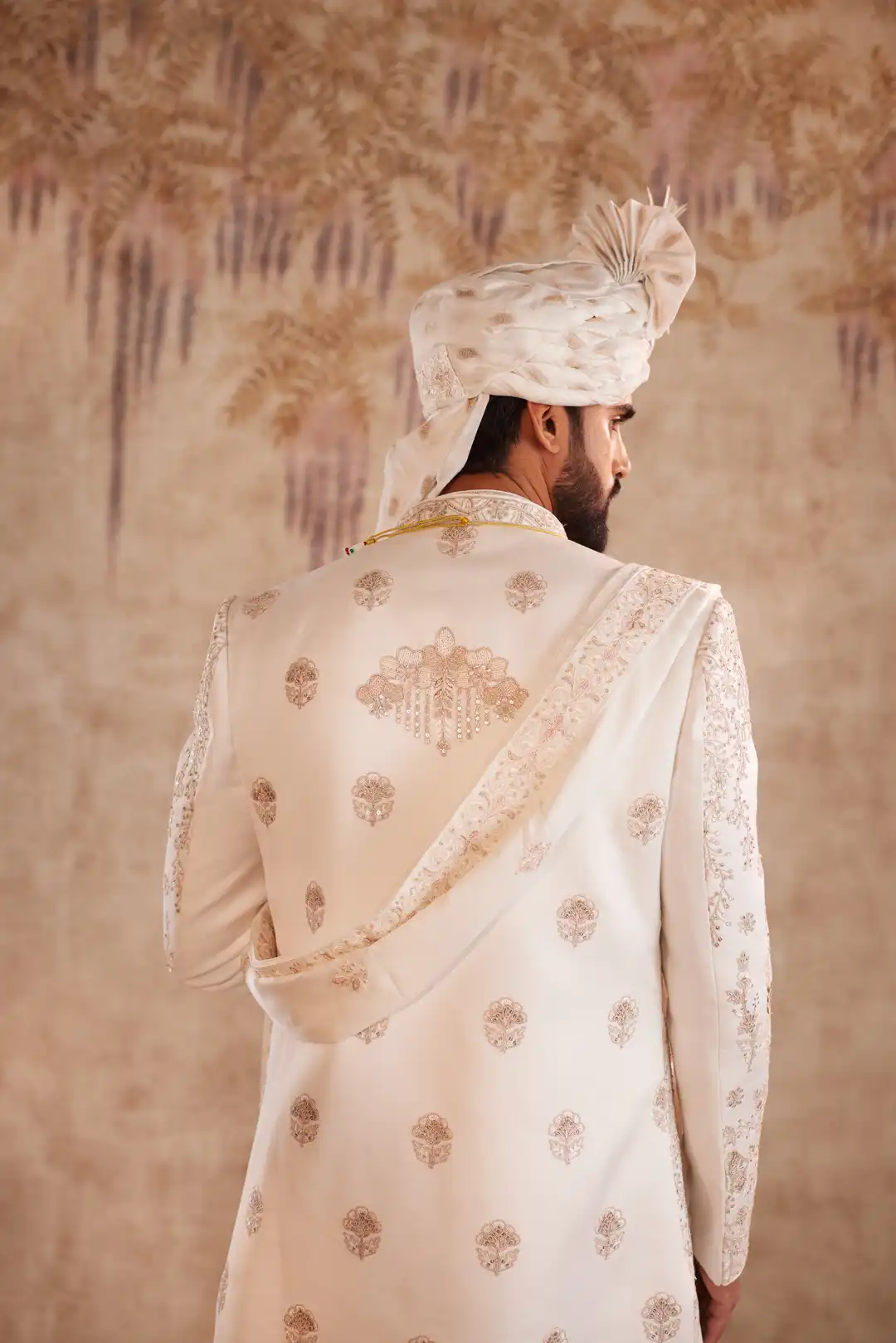 Off white silk Sherwani with pastel floral embroidery - Image 6