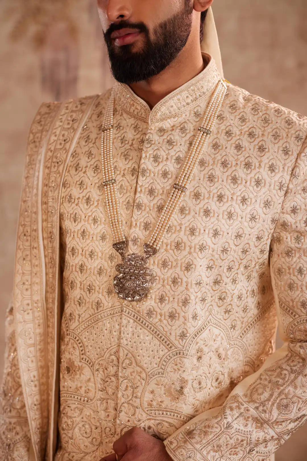 Off white silk zari work sherwani - Image 6