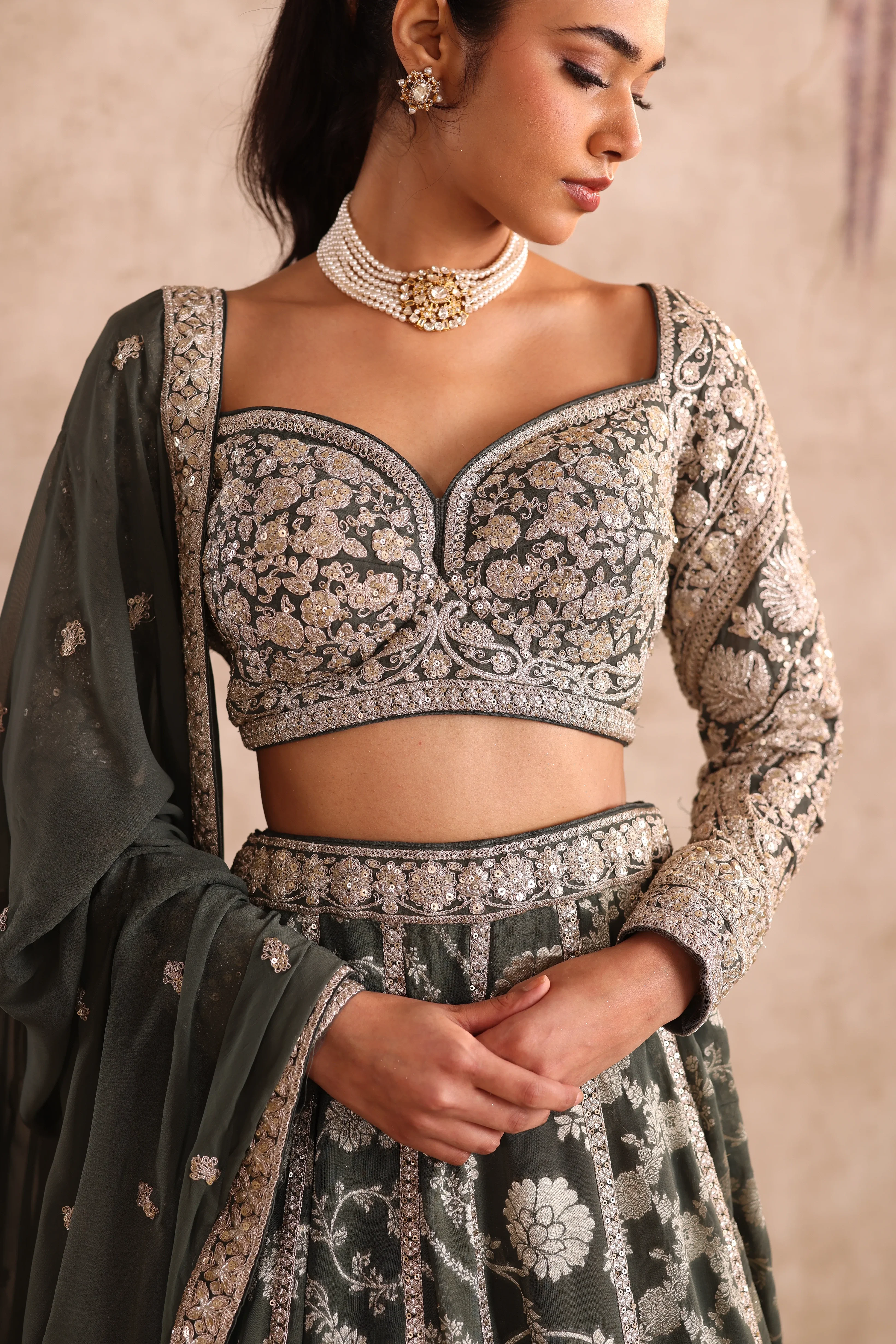 Olive Green Embroidered  Party Wear Lehenga - Image 3
