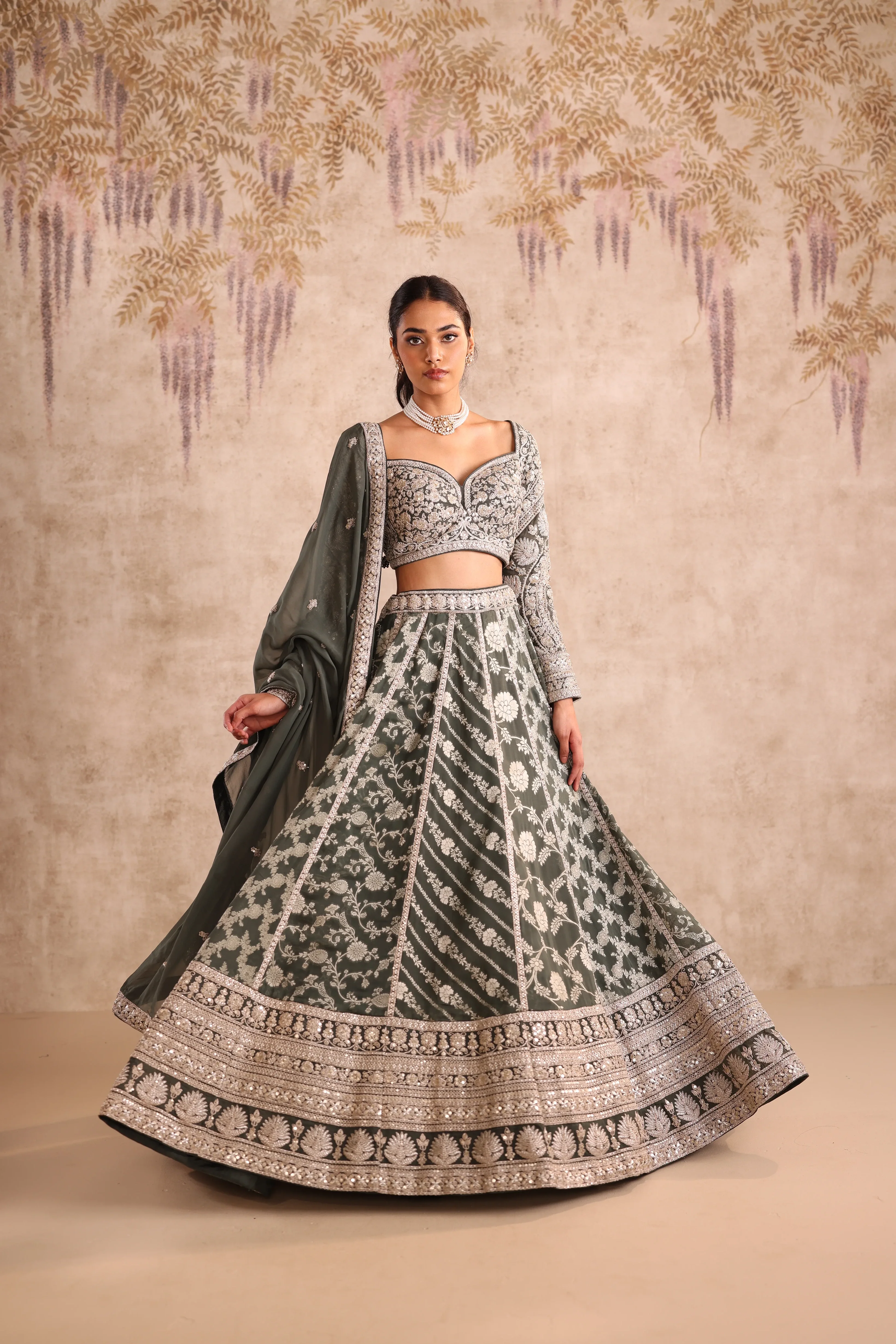 Olive Green Embroidered  Party Wear Lehenga - Image 4