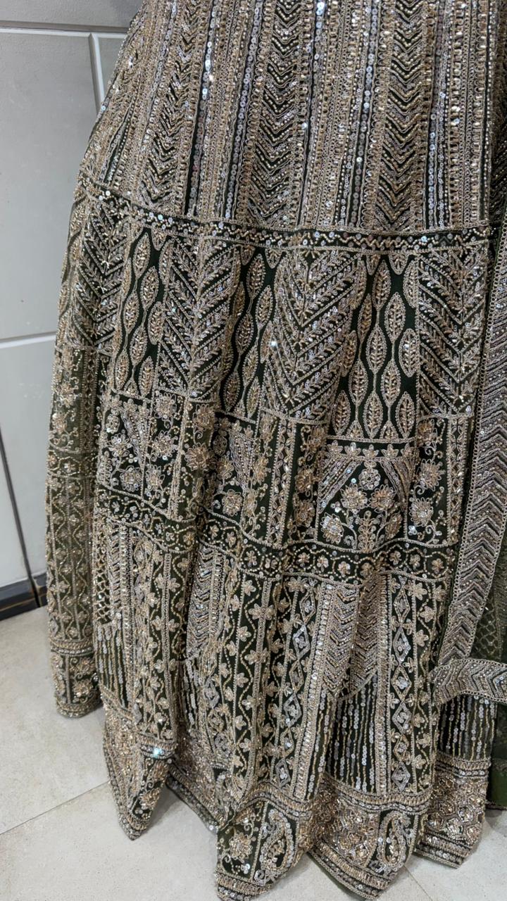 Olive Green Heavy Embroidered Zardozi Lehenga Set - Image 2
