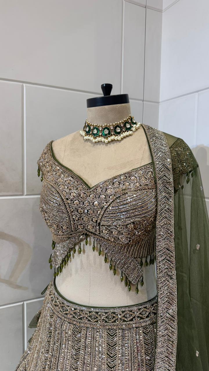 Olive Green Heavy Embroidered Zardozi Lehenga Set - Image 3