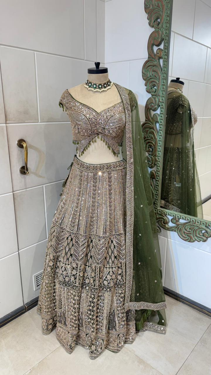 Olive Green Heavy Embroidered Zardozi Lehenga Set - Image 4
