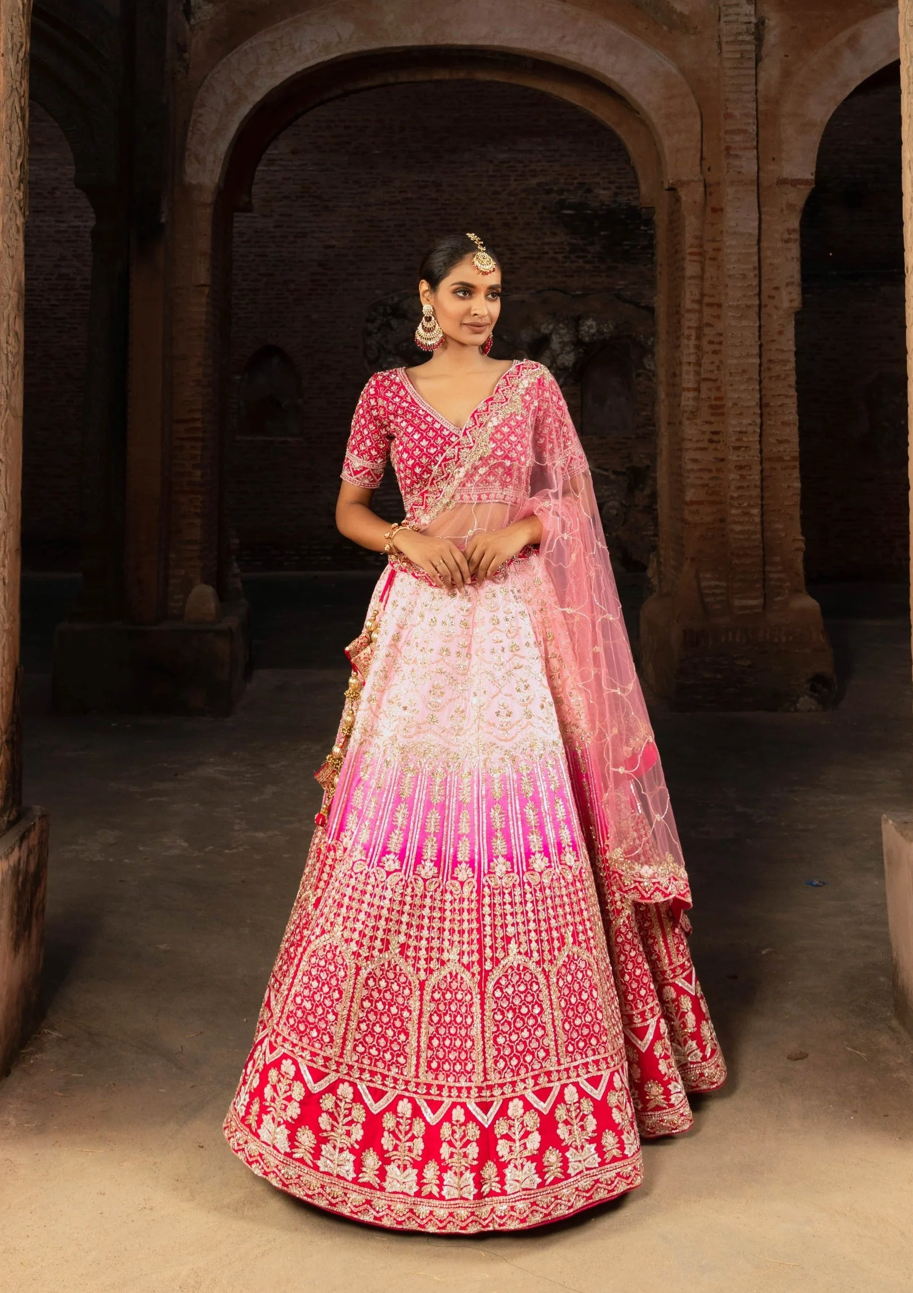 Pink Ombre Silk Bridal Lehenga with Sequins Jaalwork | Luxury Wedding Attire