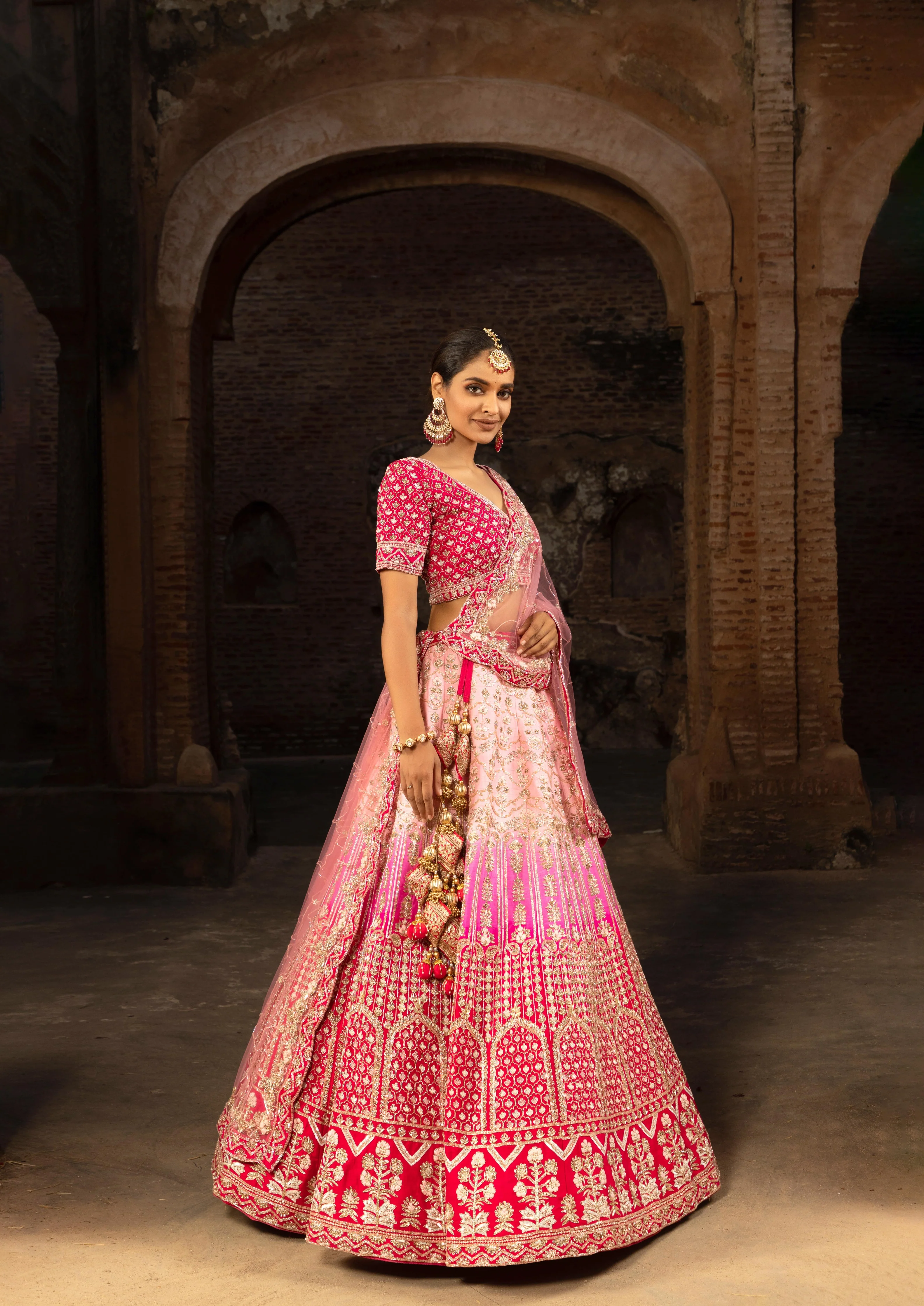 Pink Ombre Silk Bridal Lehenga with Sequins Jaalwork | Luxury Wedding Attire - Image 2