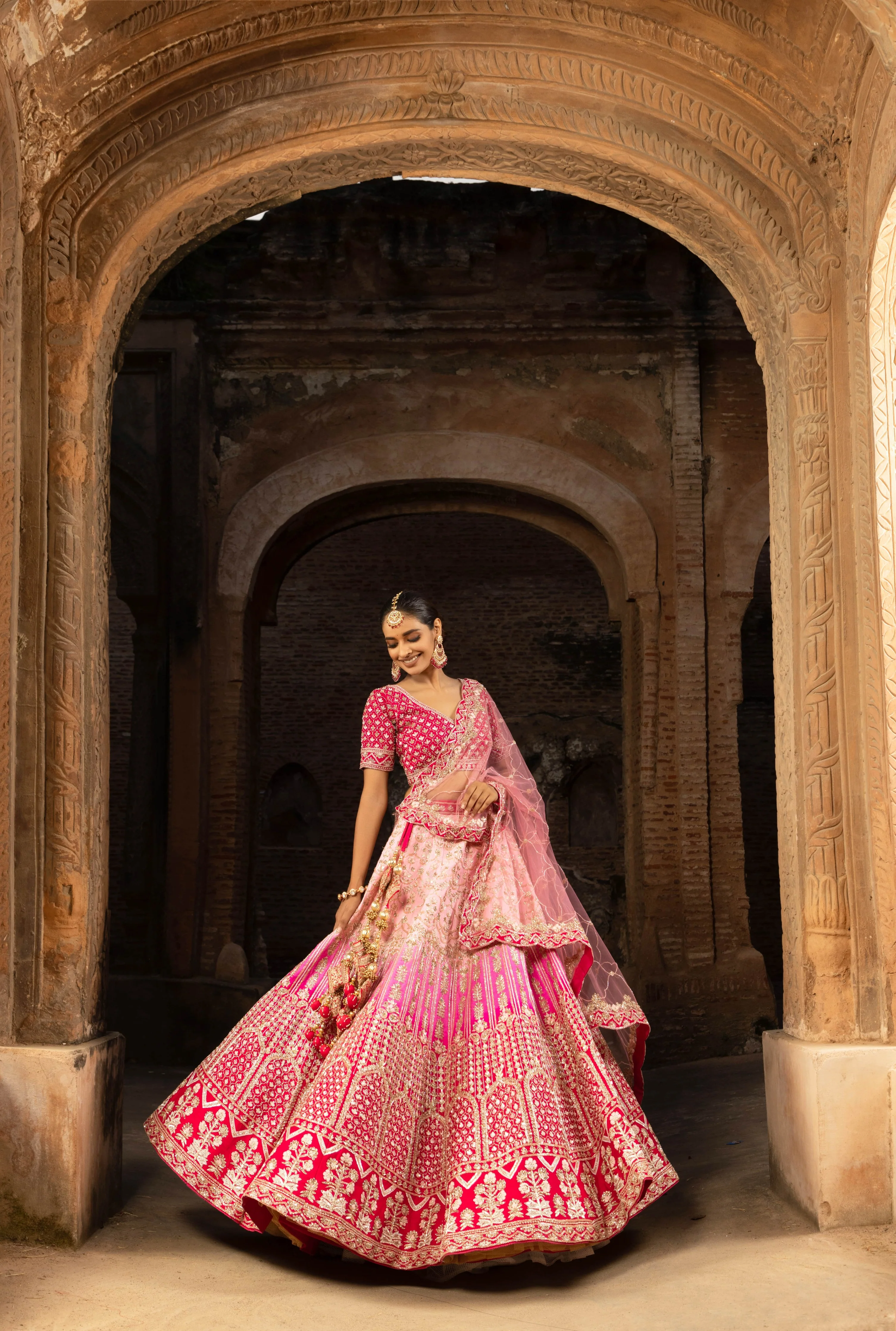 Pink Ombre Silk Bridal Lehenga with Sequins Jaalwork | Luxury Wedding Attire - Image 3