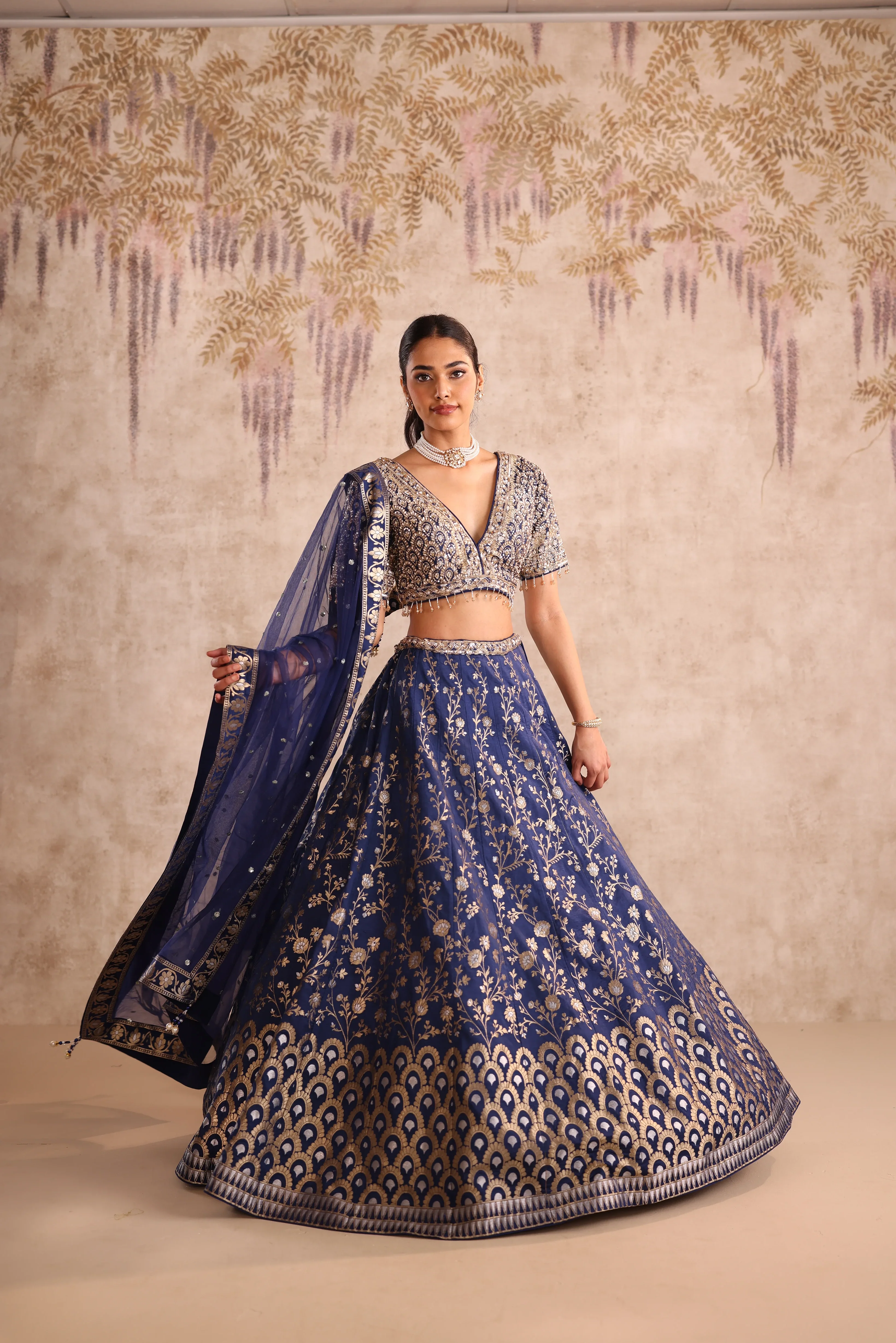 Party Wear Blue Embroidered Lehenga with Golden Choli - Image 4