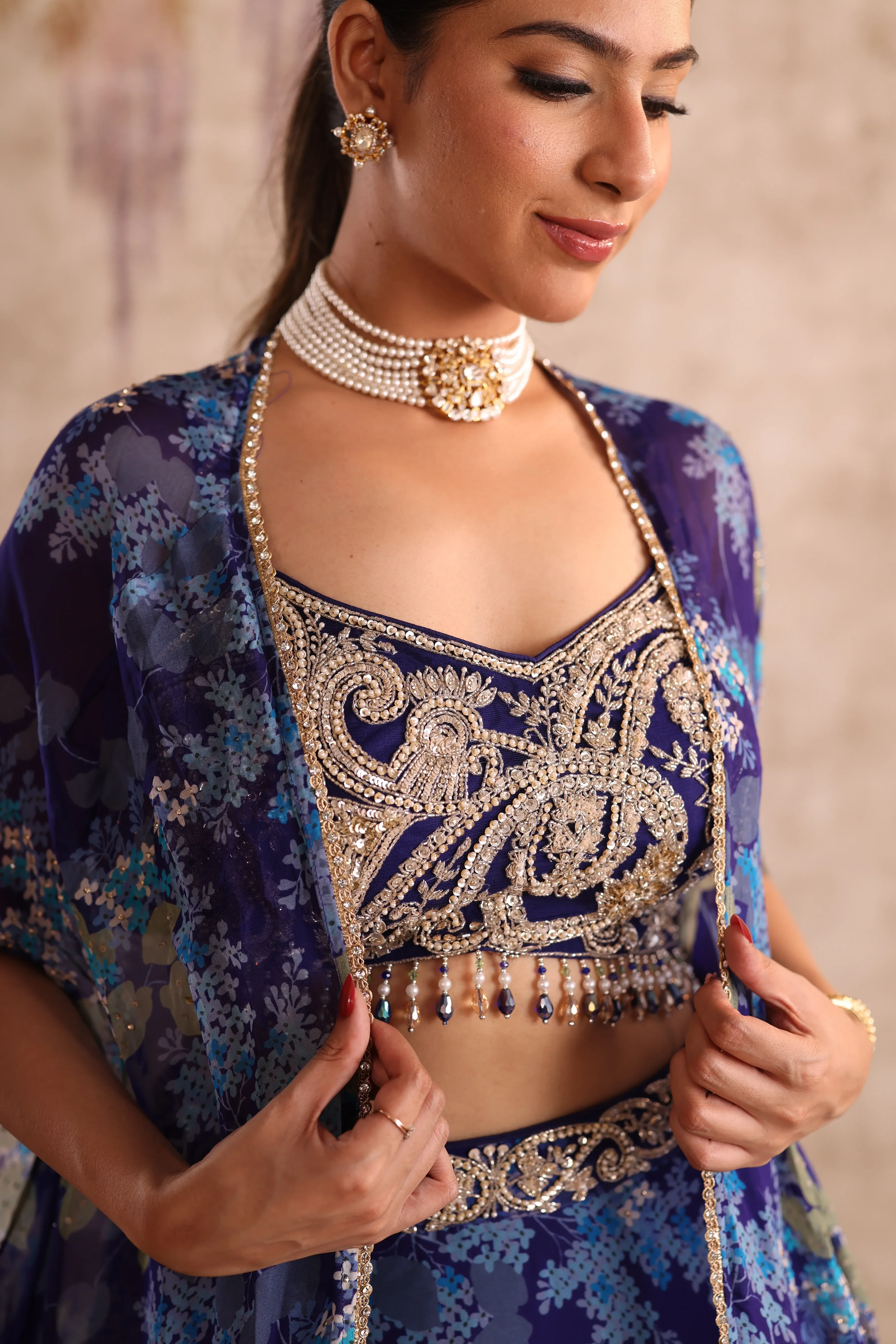 Party Wear Floral Embroidered blue Lehenga - Image 3