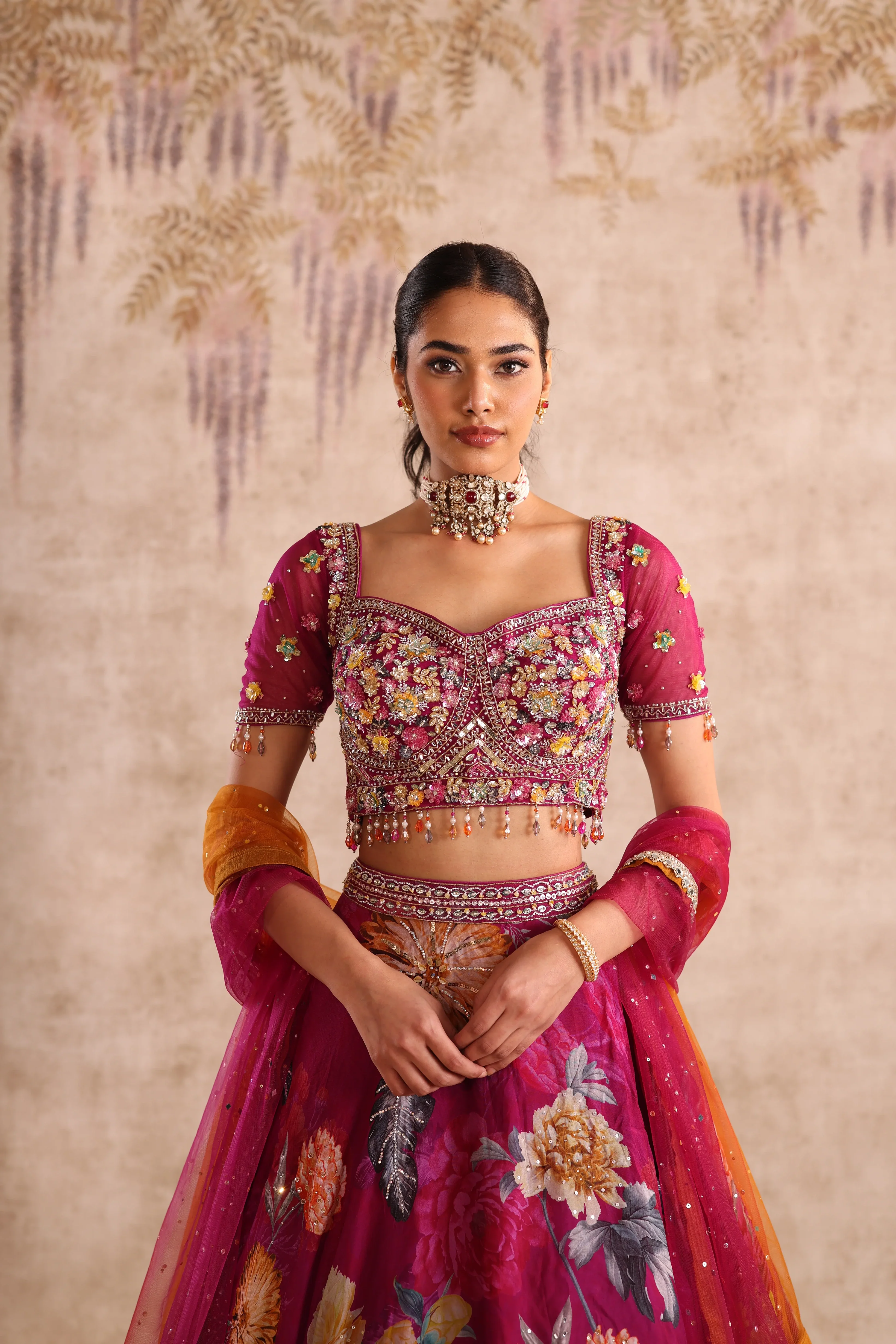 Magenta Floral Embroidered Party Wear Lehenga with Dupatta - Image 3
