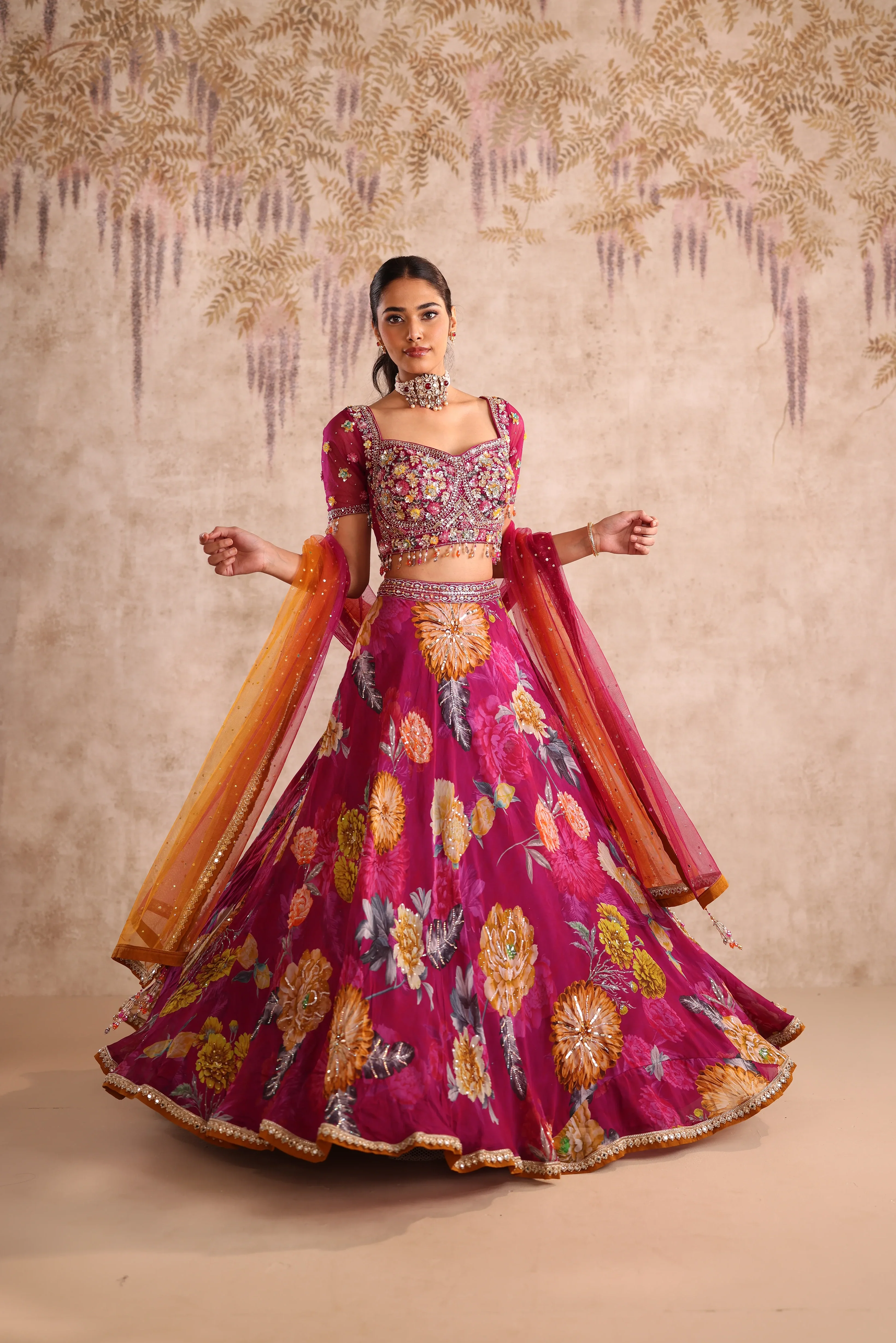 Magenta Floral Embroidered Party Wear Lehenga with Dupatta - Image 4