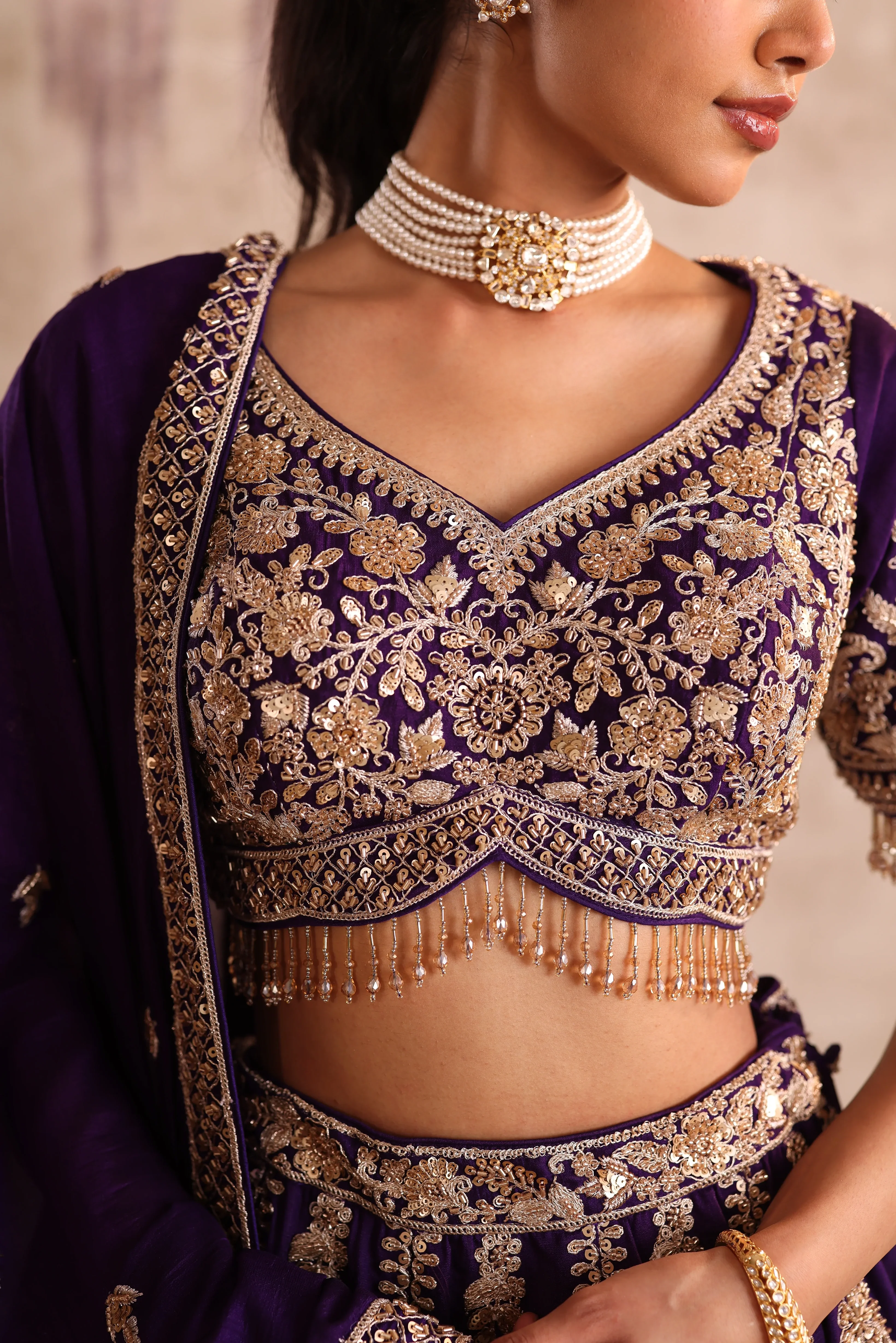 Party Wear Purple Embroidered  Lehenga - Image 3