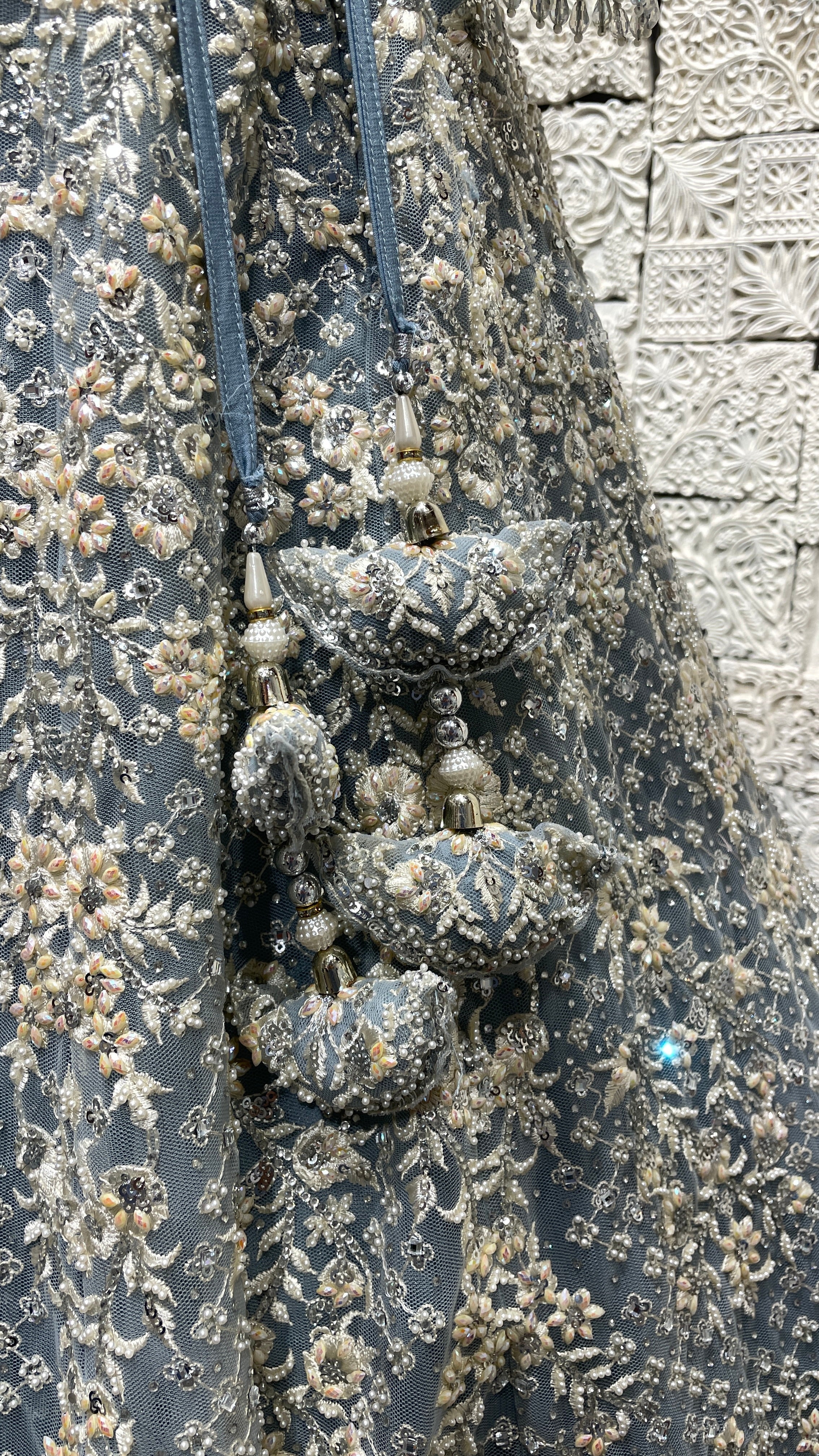 Pastel blue net lehenga with pearl and sequins embellishments - Image 2