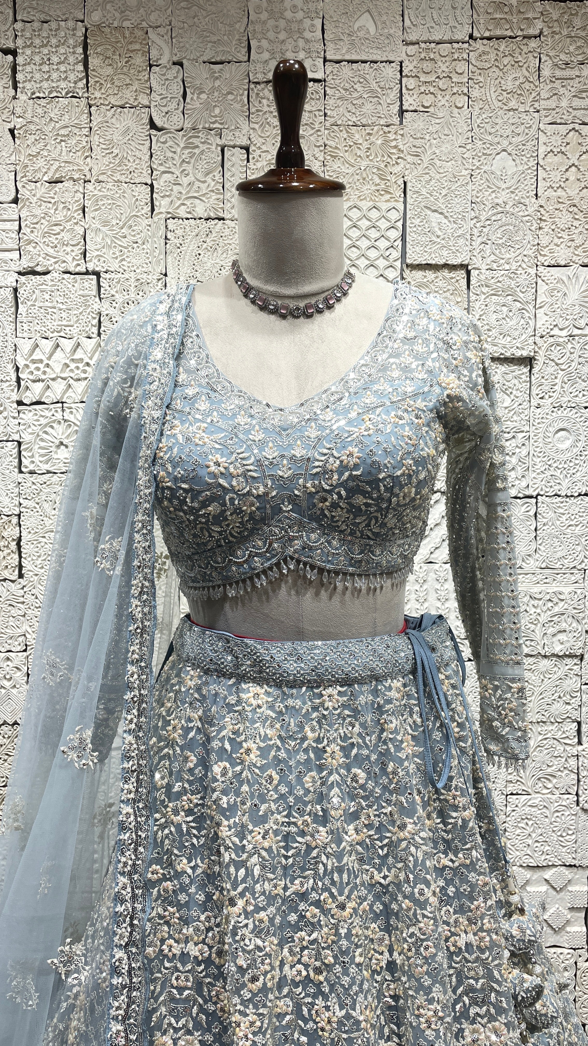 Pastel blue net lehenga with pearl and sequins embellishments - Image 3