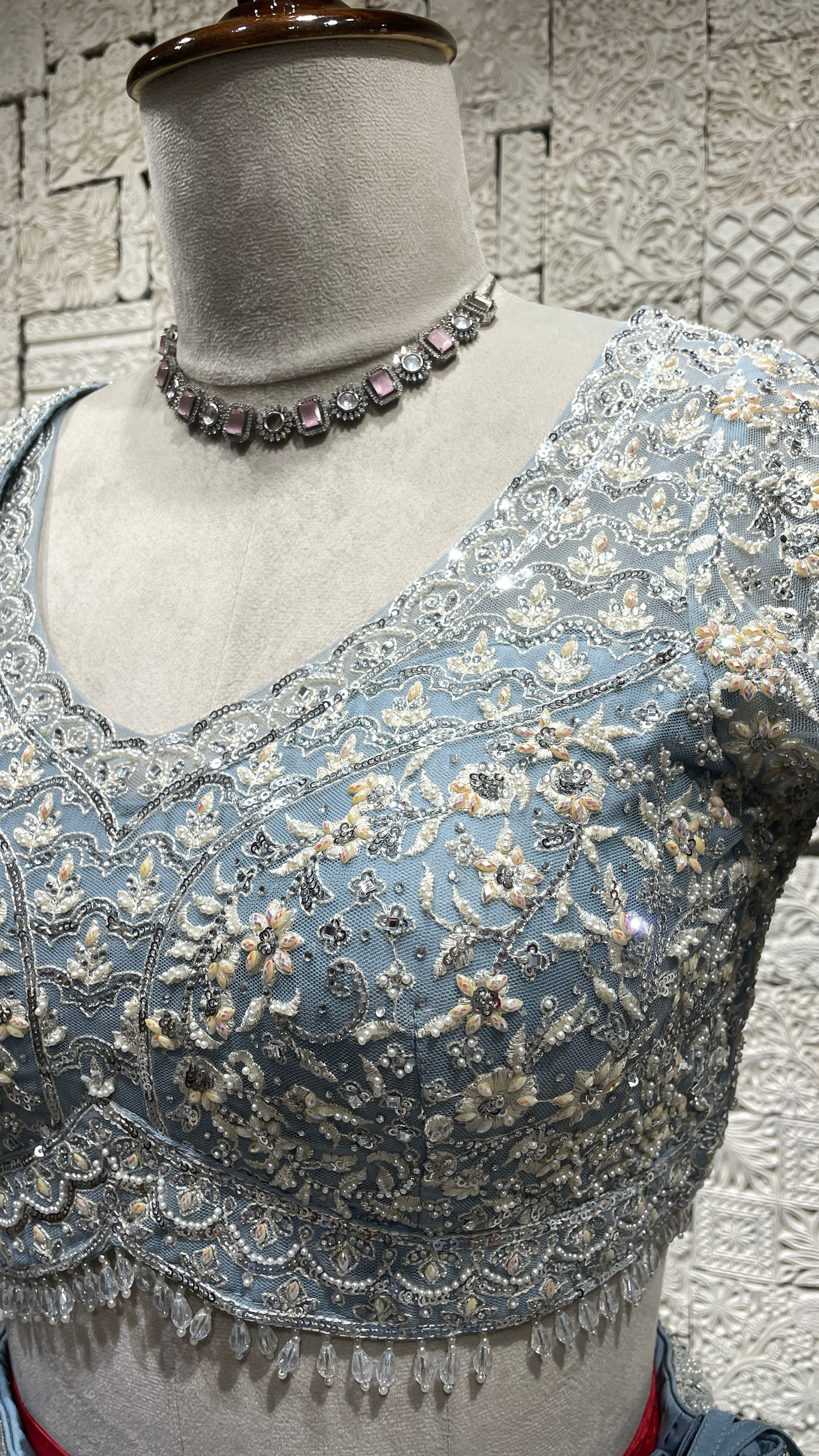 Pastel blue net lehenga with pearl and sequins embellishments - Image 4