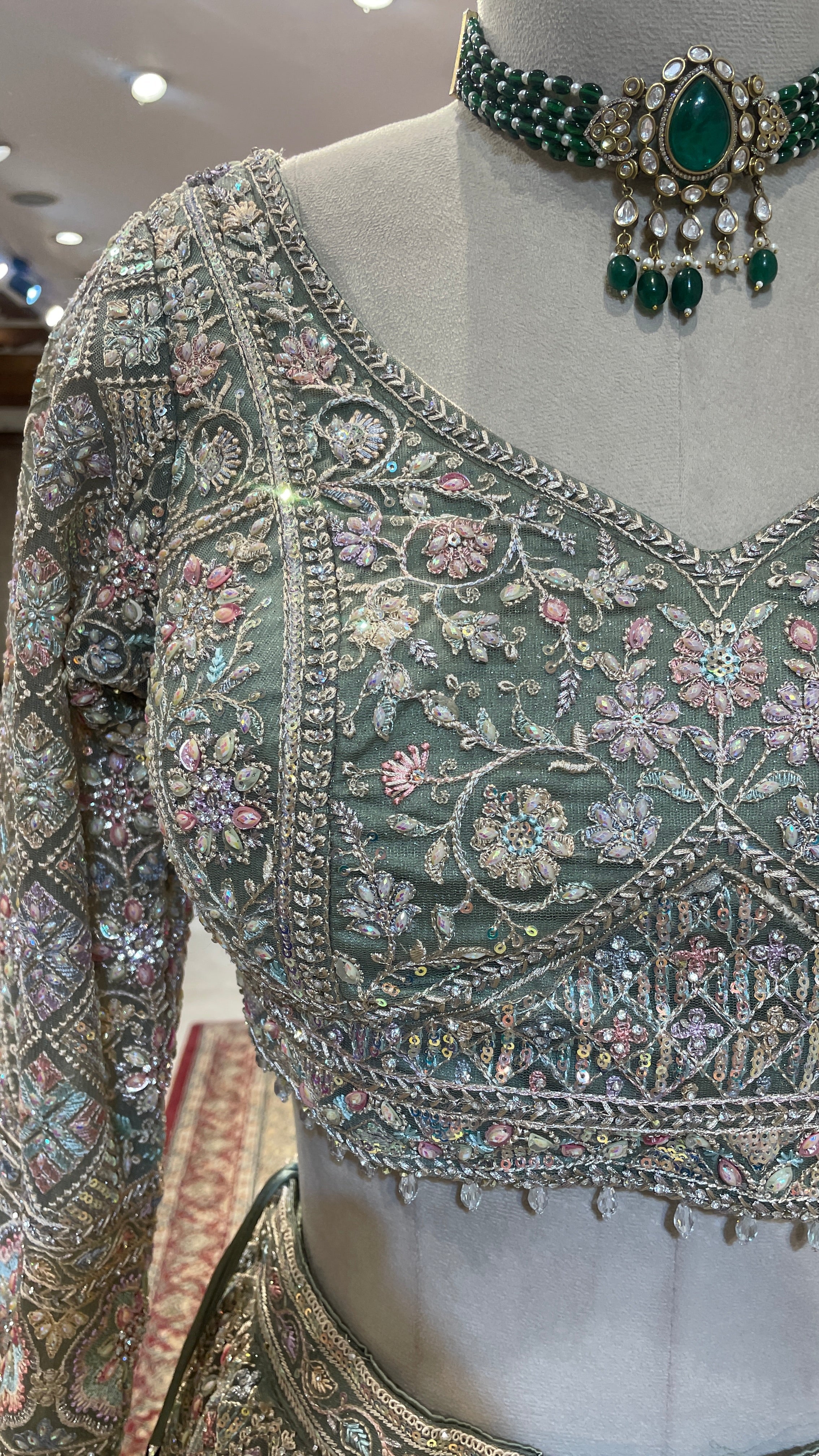 Pastel green net lehenga with Multicolour sequins embellishments - Image 2