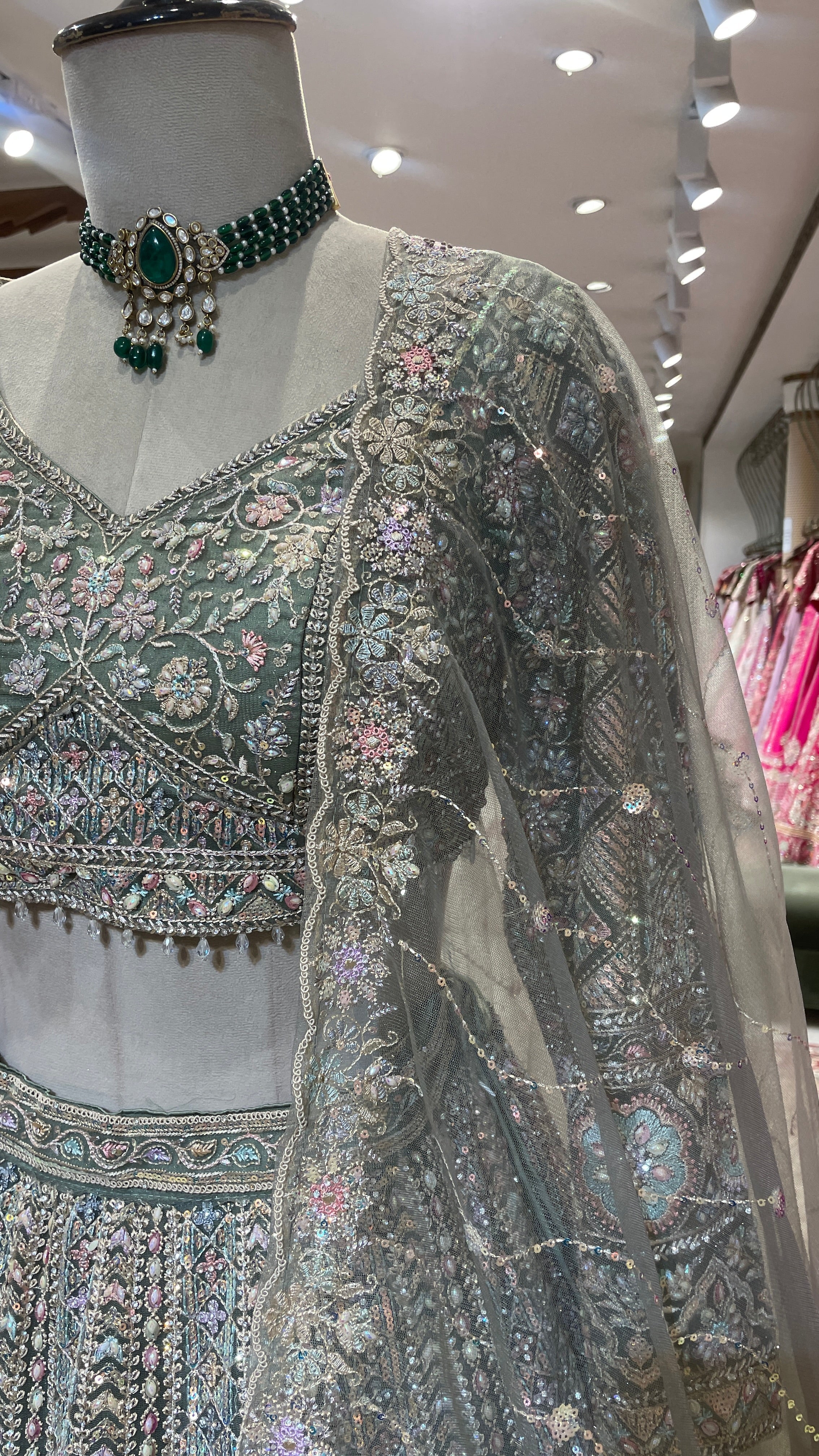 Pastel green net lehenga with Multicolour sequins embellishments - Image 3