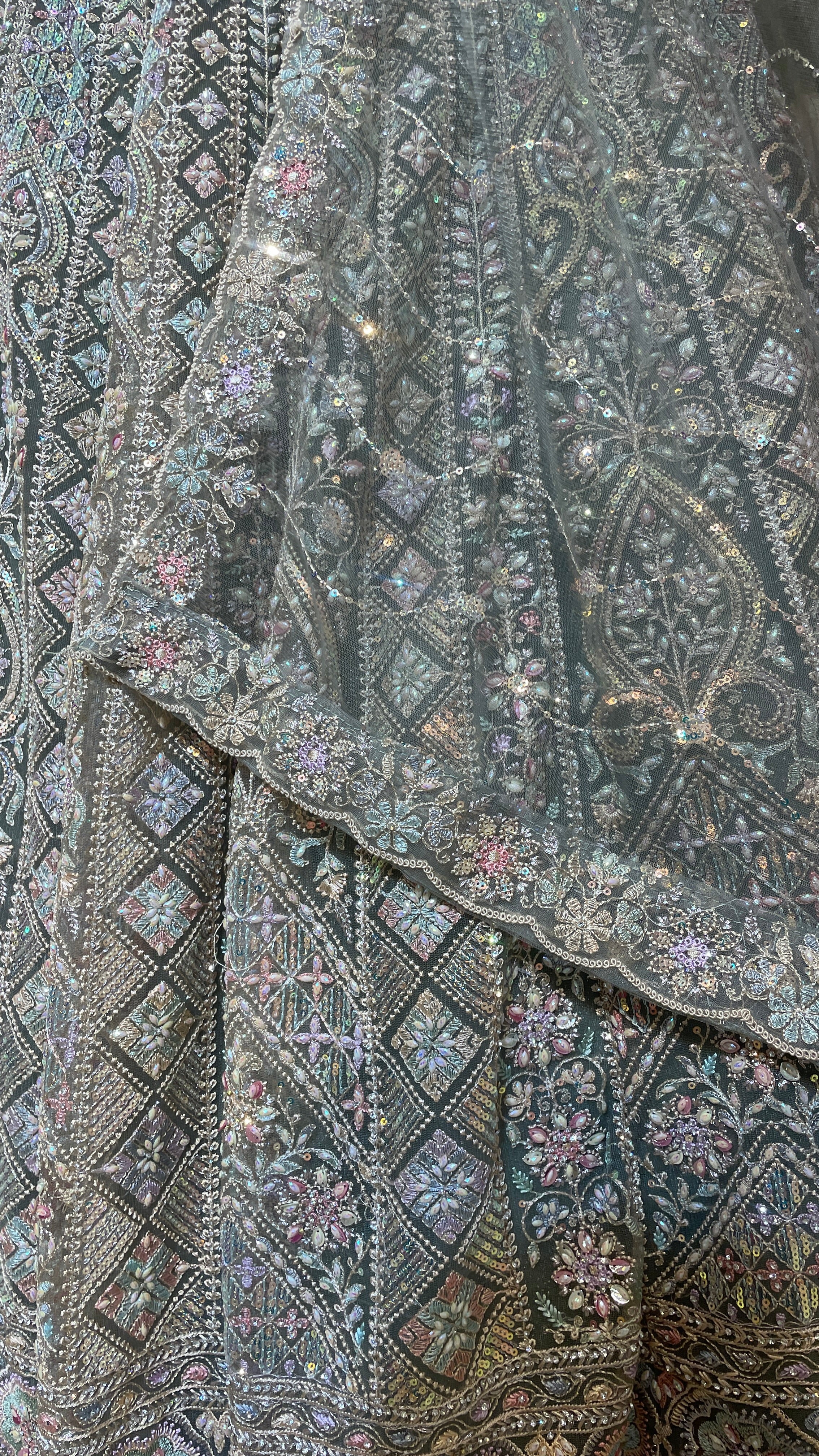 Pastel green net lehenga with Multicolour sequins embellishments - Image 4