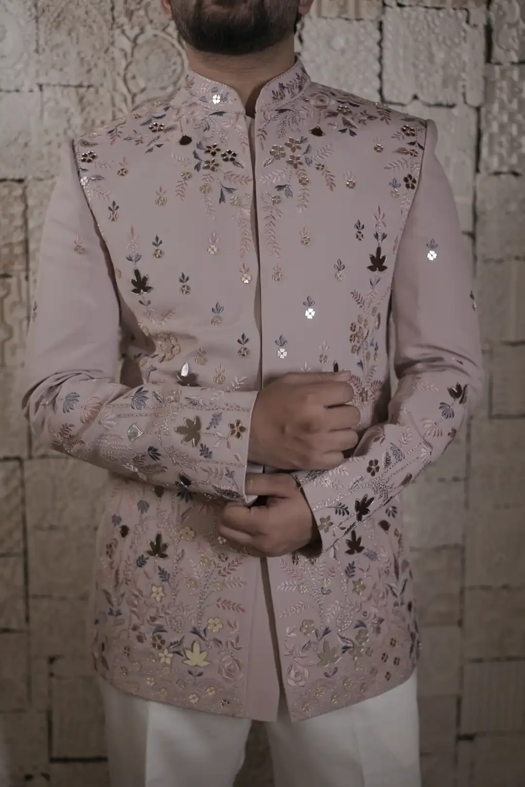 Pastel Pink Bandgala with floral motifs & Mirrorwork - Image 3