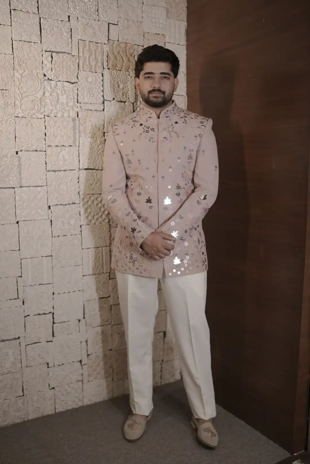 Pastel Pink Bandgala with floral motifs & Mirrorwork - Image 4