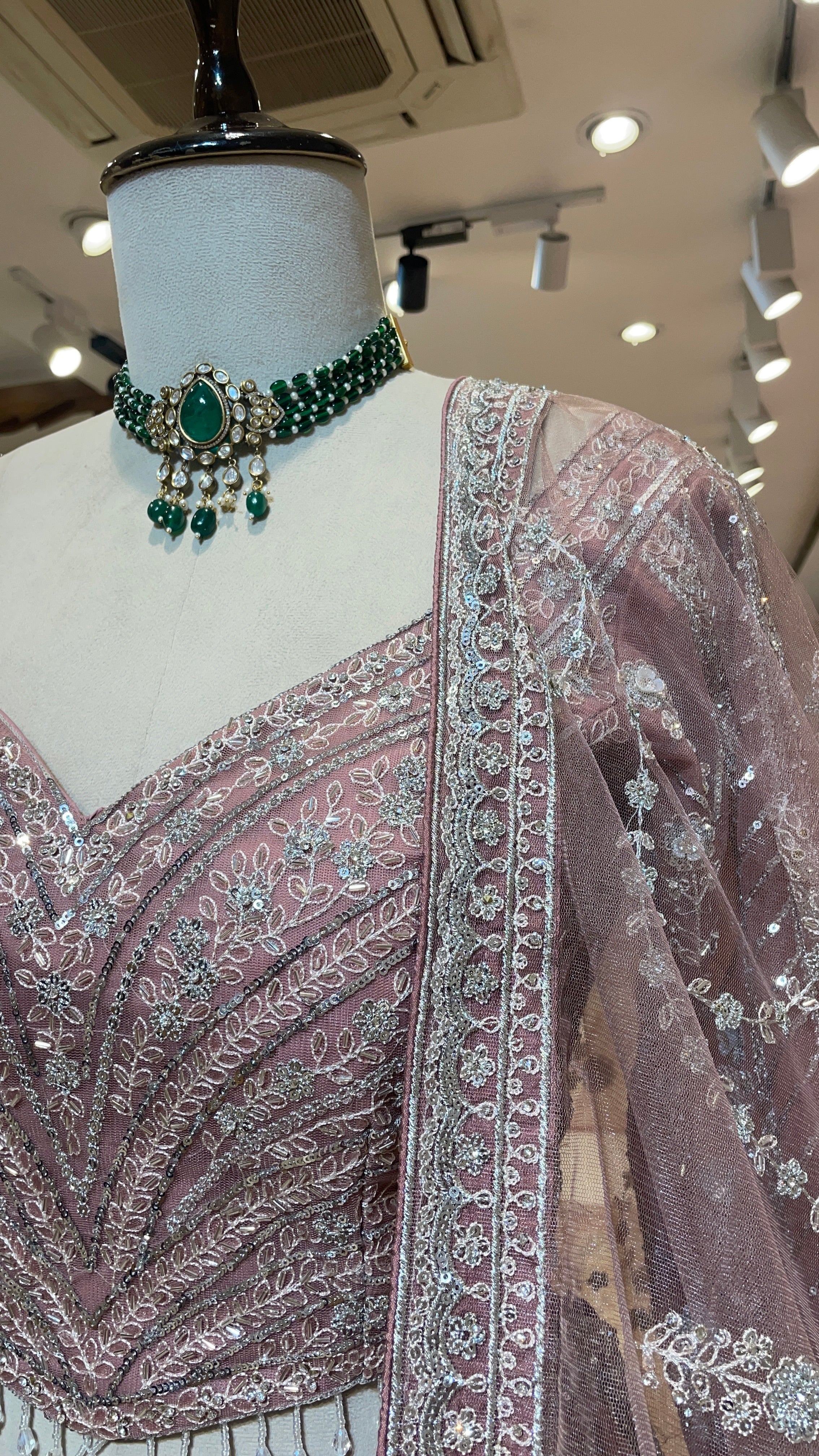 Pastel pink net lehenga with sequins and rhinestones - Image 2