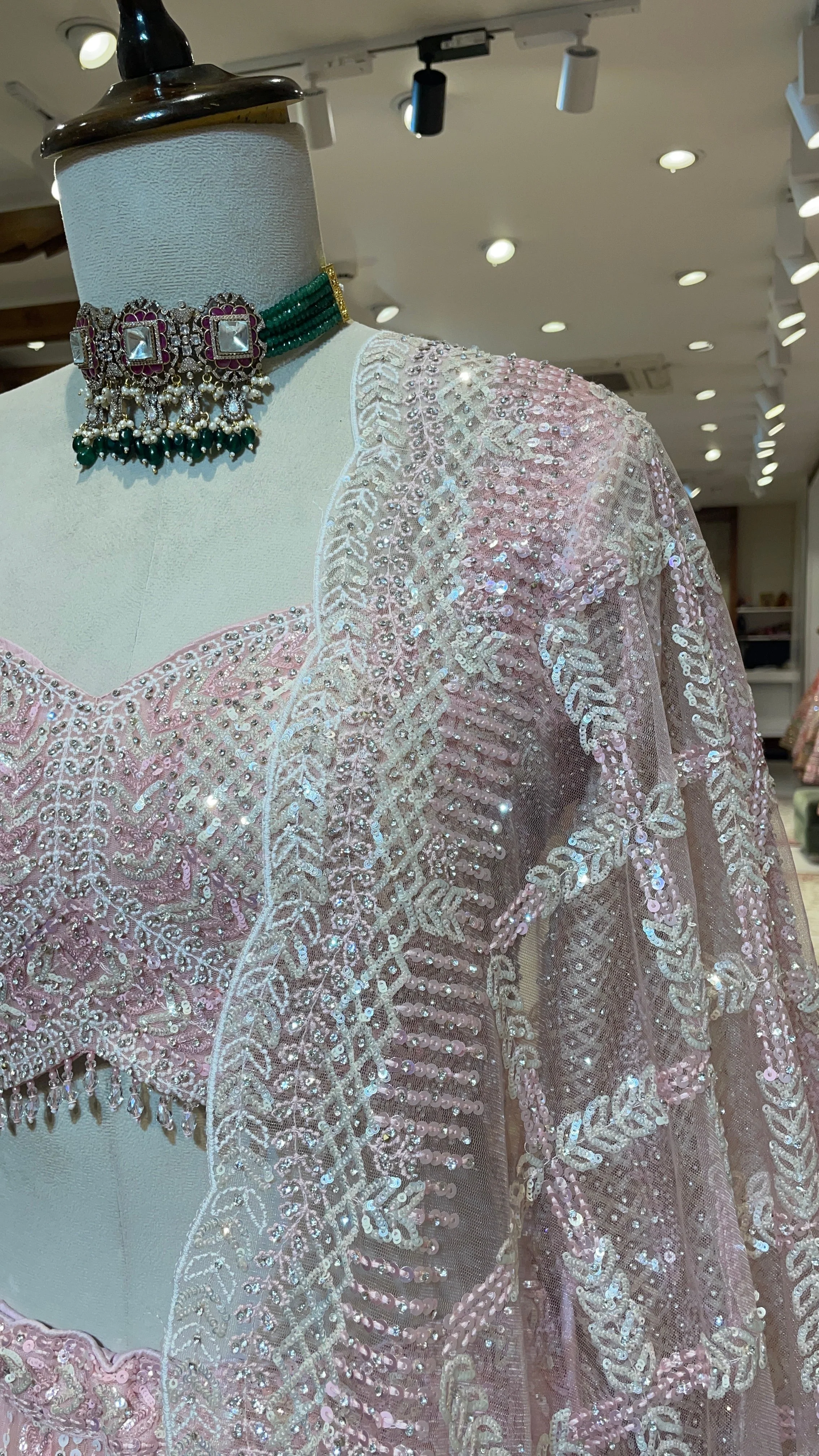 Pastel pink net lehenga with sequins and scallop dupatta - Image 2