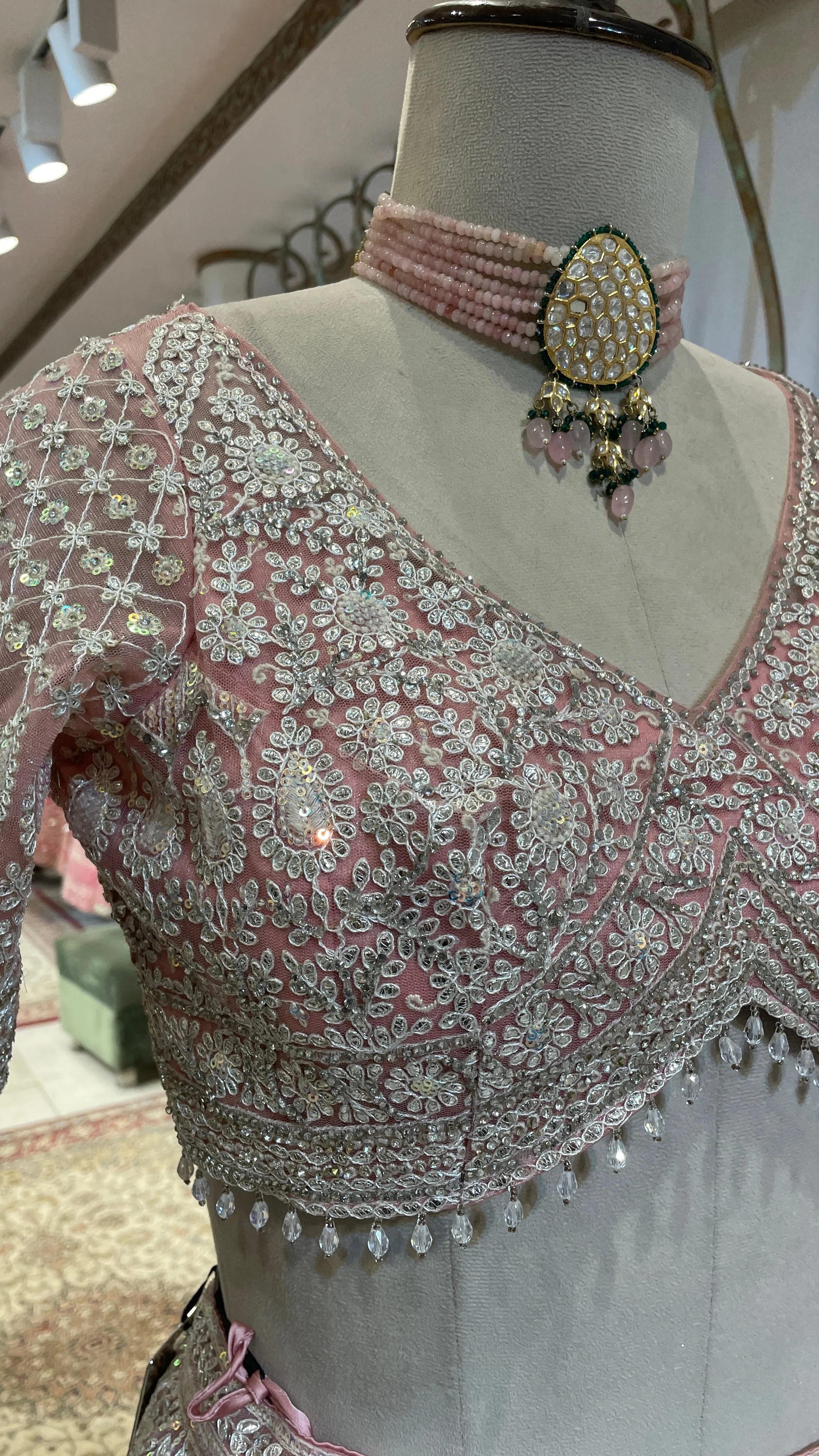 Pastel pink net lehenga with sequins and threadwork - Image 2