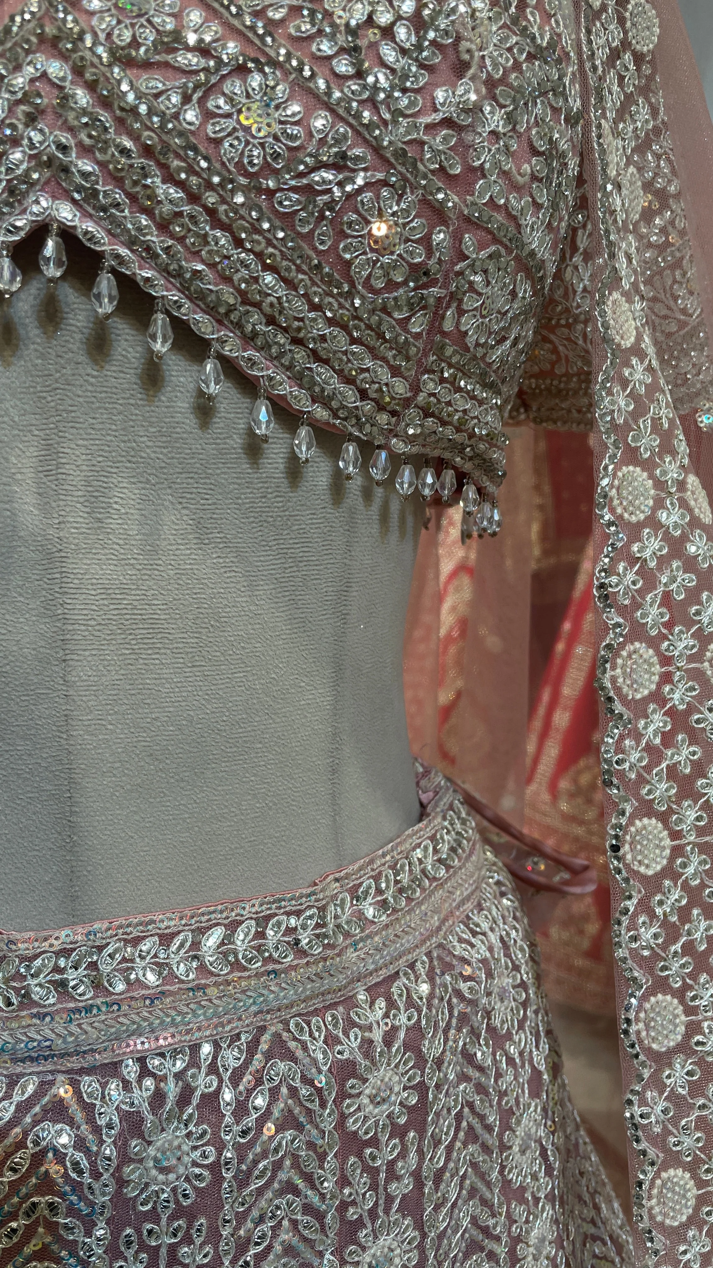 Pastel pink net lehenga with sequins and threadwork - Image 4
