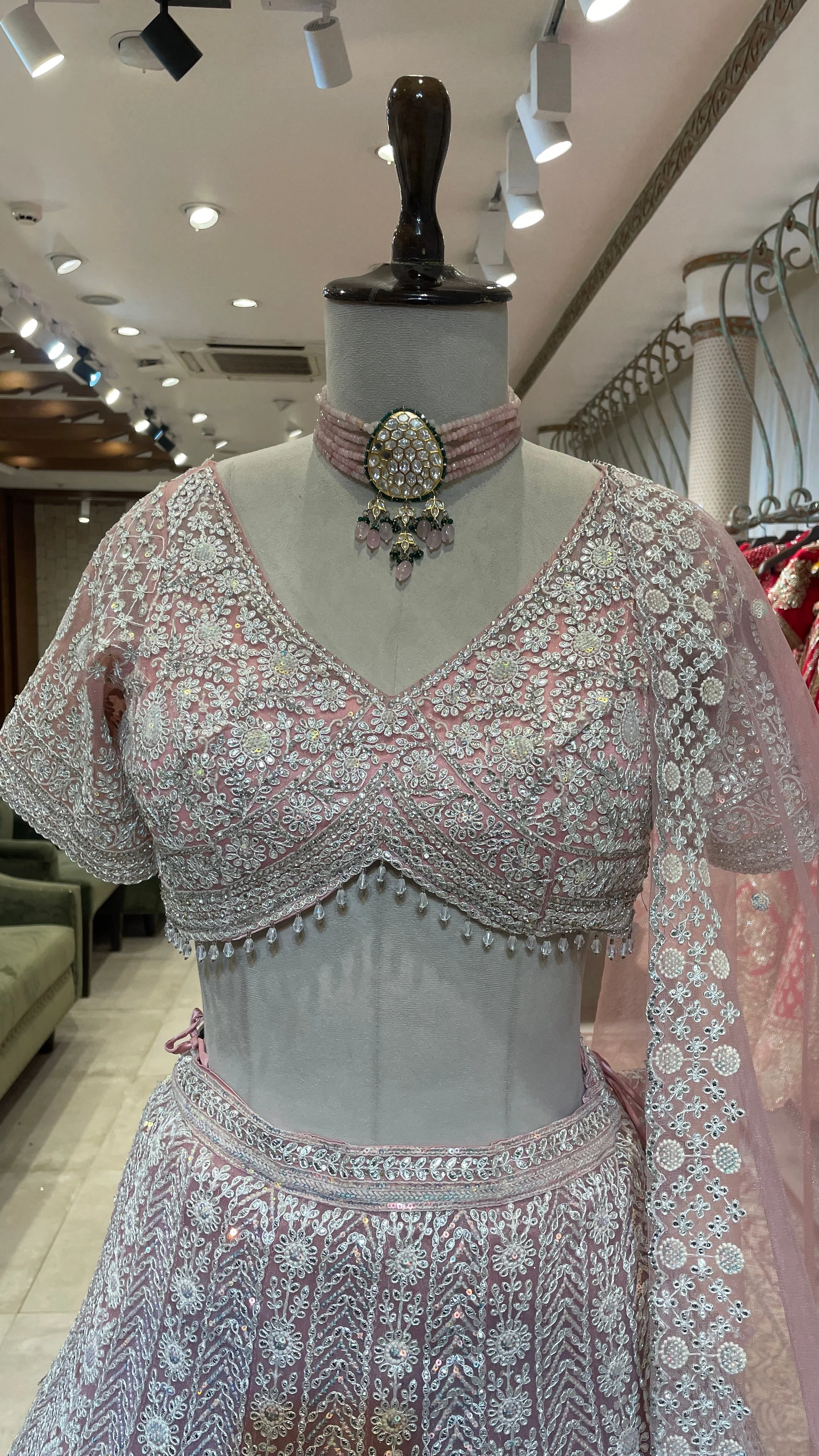 Pastel pink net lehenga with sequins and threadwork - Image 5
