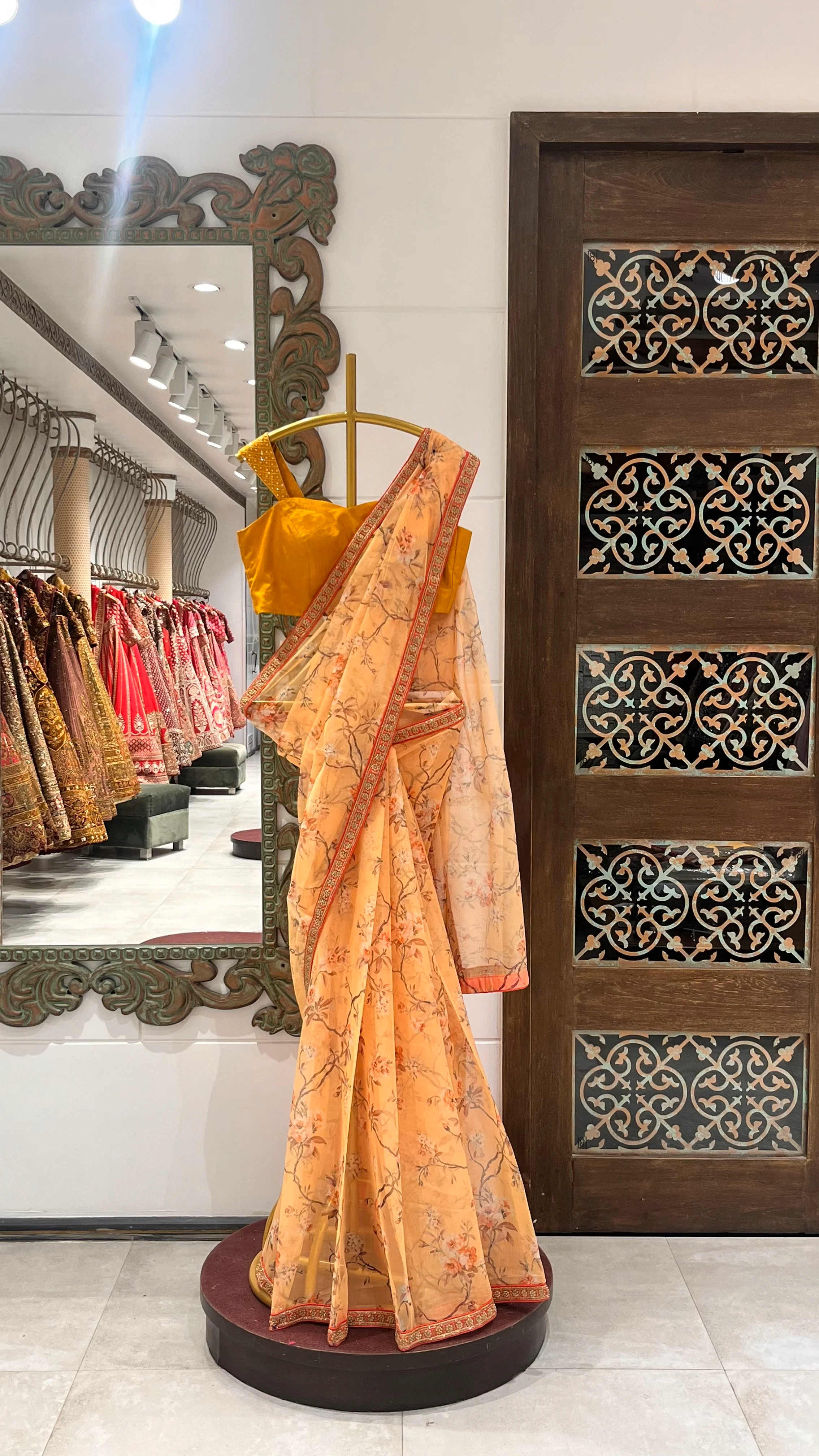 Peach Orange Printed Saree with Mustard Yellow Blouse